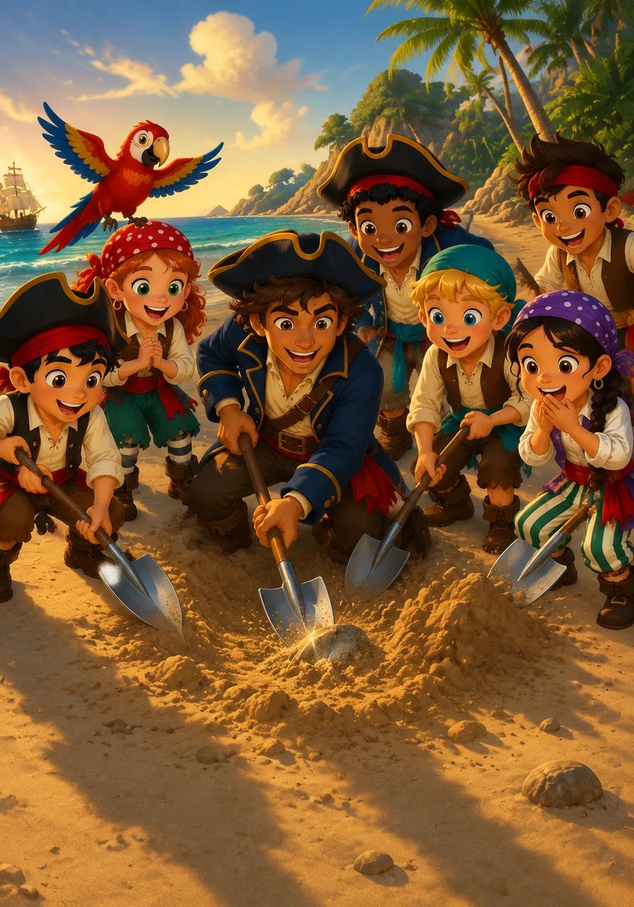 Exactly where the long shadow ended, Leo and his crew began to dig into the warm, golden sand with their shiny shovels. Suddenly, a loud clink echoed across the beach as metal struck something hard buried below.