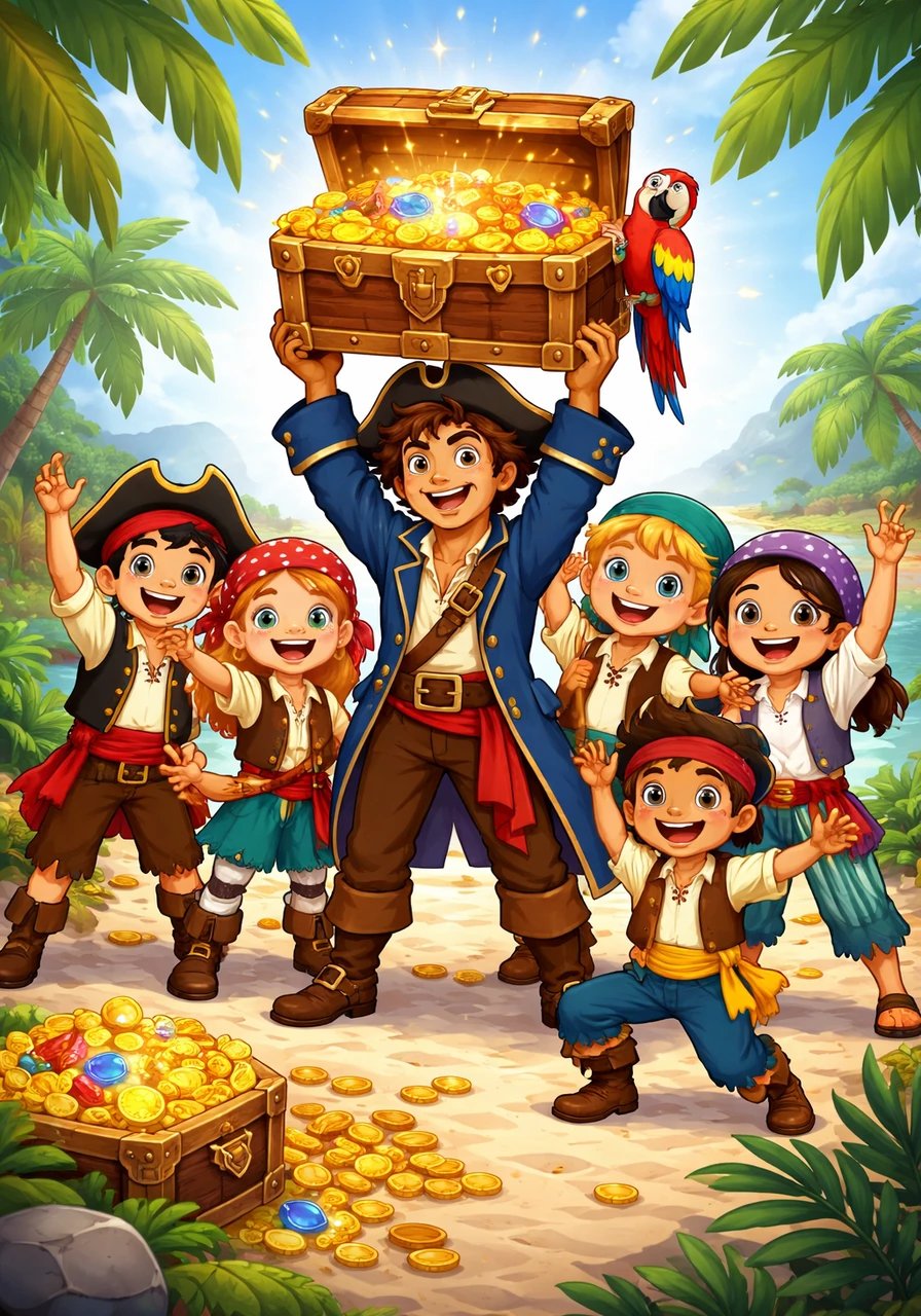 Together, they lifted a magnificent chest filled with glittering gold coins, sparkling jewels, and colorful storybooks. Captain Leo hoisted the treasure high, celebrating a successful adventure built on teamwork and clever thinking.