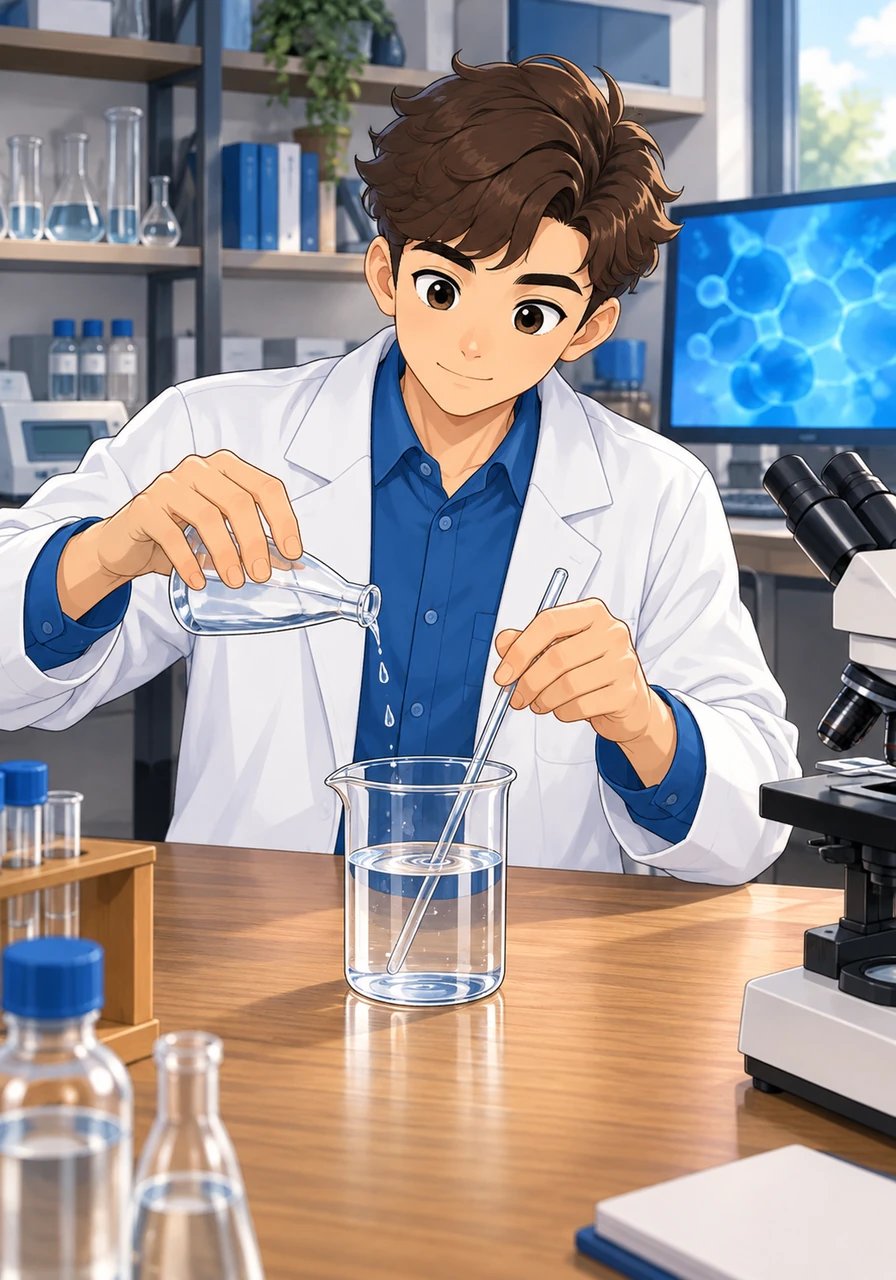 Per analizzare la struttura intima dei sistemi, Leo versa qualche goccia di alcol etilico puro in un recipiente d'acqua e mescola delicatamente. Le due sostanze si miscelano alla perfezione, mostrando un aspetto visivo del tutto uniforme sia a occhio nudo che al microscopio. Il simulatore conferma la formazione di un sistema omogeneo, costituito da un'unica fase continua.