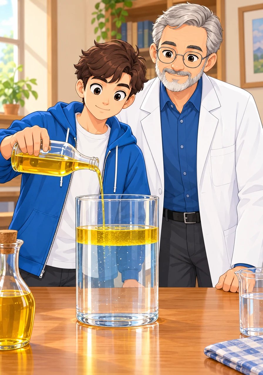 Leo decide poi di versare dell'olio vegetale nella stessa camera contenente acqua, osservando la reazione immediata del composto. L'olio galleggia sopra l'acqua formando un'interfaccia ben visibile e netta tra i due liquidi immiscibili. Si tratta di un classico esempio di sistema eterogeneo, composto da due fasi distinte con proprietà chimico-fisiche differenti.