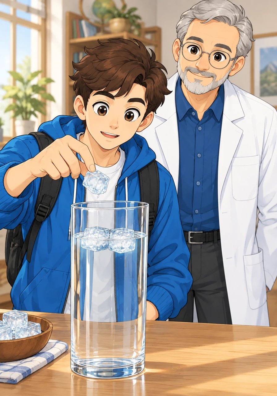Incuriosito dalle proprietà delle fasi, il ragazzo aggiunge dei cubetti di ghiaccio all'acqua liquida all'interno del contenitore graduato. Benché si tratti di un'unica sostanza pura, ovvero acqua, la coesistenza dello stato solido e dello stato liquido crea due fasi nettamente separate. Leo comprende che la composizione chimica da sola non definisce l'omogeneità di un sistema.