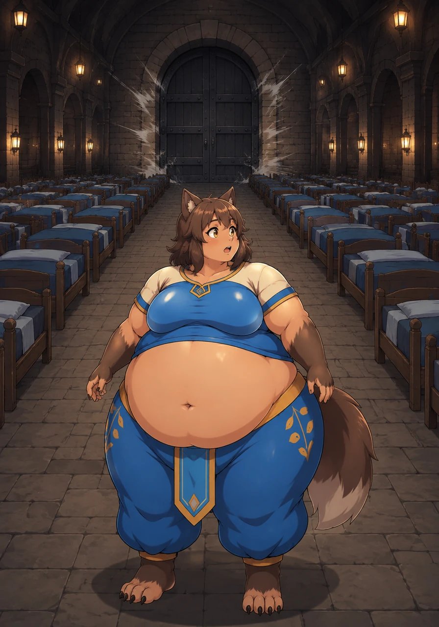 The heavy iron door groaned on its hinges before slamming shut with a finality that echoed through the cavernous space. Murlock, a hybrid of wolfish lineage and human form, stood in the center of the chamber, his ears twitching as he processed the sudden transition. He had entered what appeared to be a standard dungeon, only to find himself in an architectural impossibility: a bedroom of gargantuan proportions filled with endless rows of cozy beds.