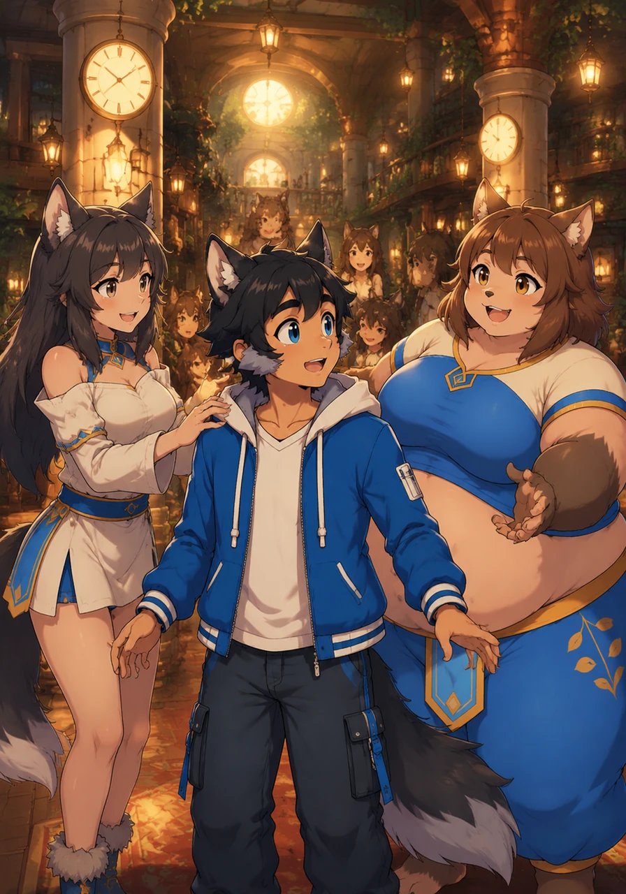 Murlock looked around in wonder as the endless room transformed into a lively and welcoming haven. Glowing clocks clicked rhythmically across the distant pillars, keeping accurate track of the passage of time in the real world. The gentle companions greeted him warmly, their wolf ears perking up in delight at his arrival.