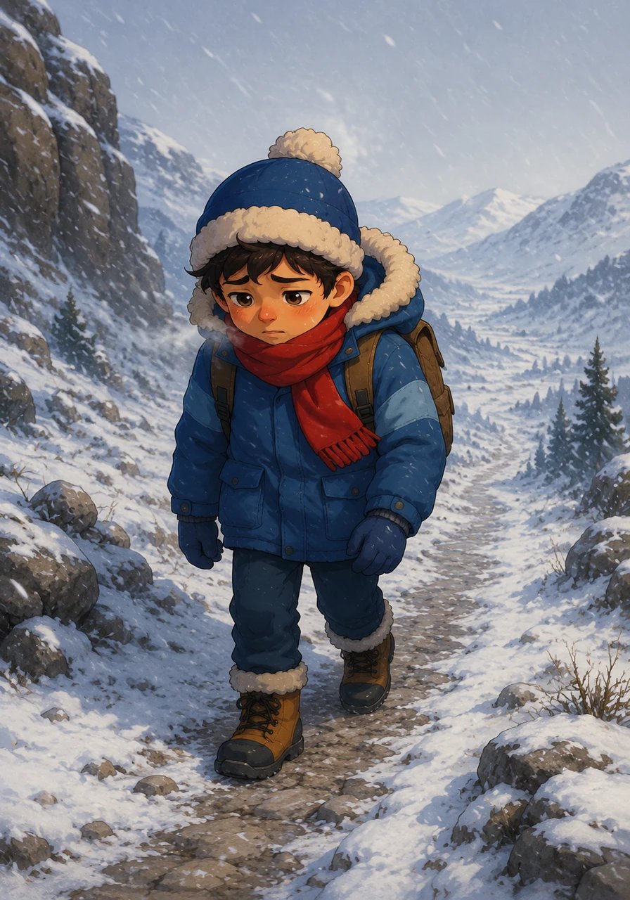 Under a pale winter sky, Itri walked briskly along the winding trail of the snowy Midelt mountains. The cold wind bit at his cheeks, and his feet felt heavy and frozen after a long day at school.