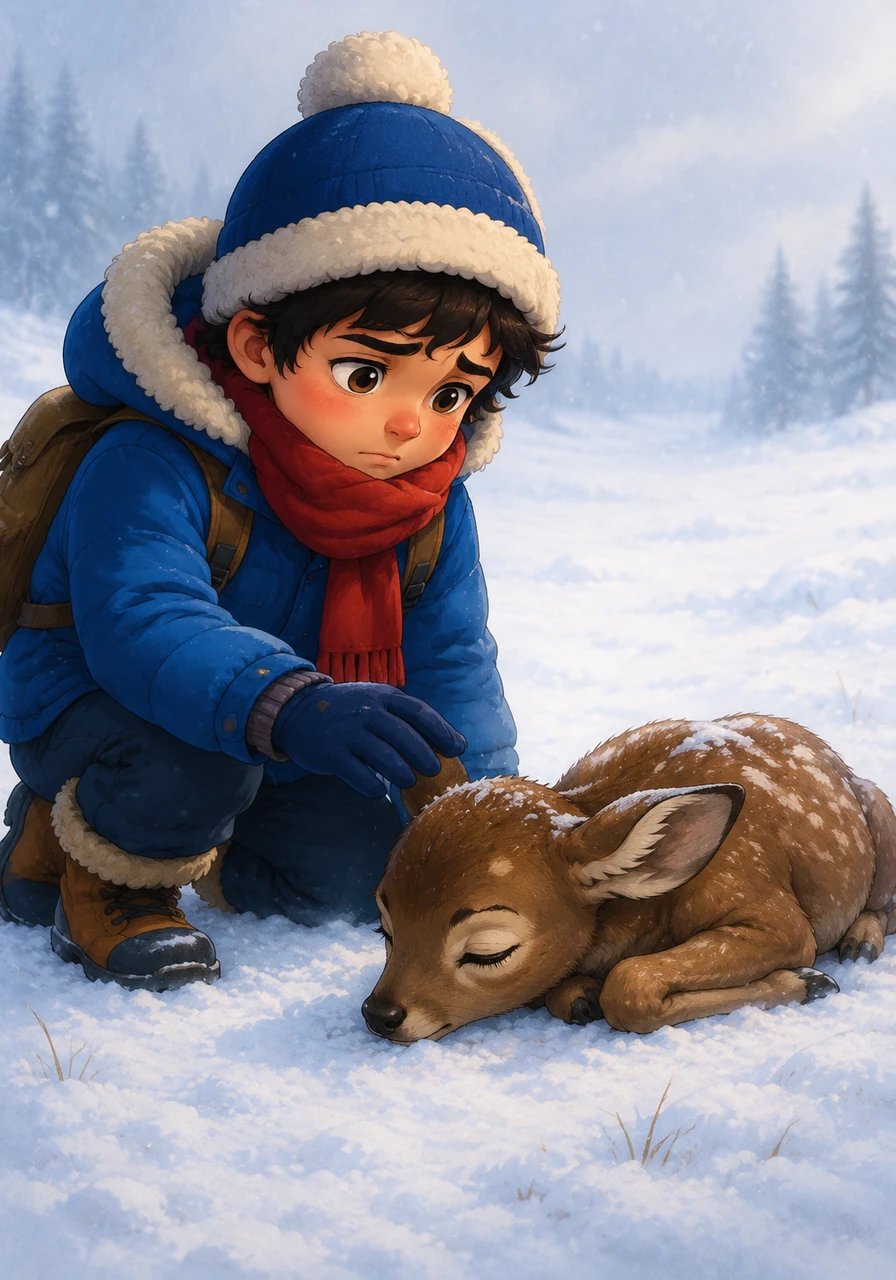 Stepping closer, he discovered a tiny, fragile deer lying perfectly still in the freezing snow. Itri knelt down beside her, his heart filled with worry as he gently asked if she was hurt.