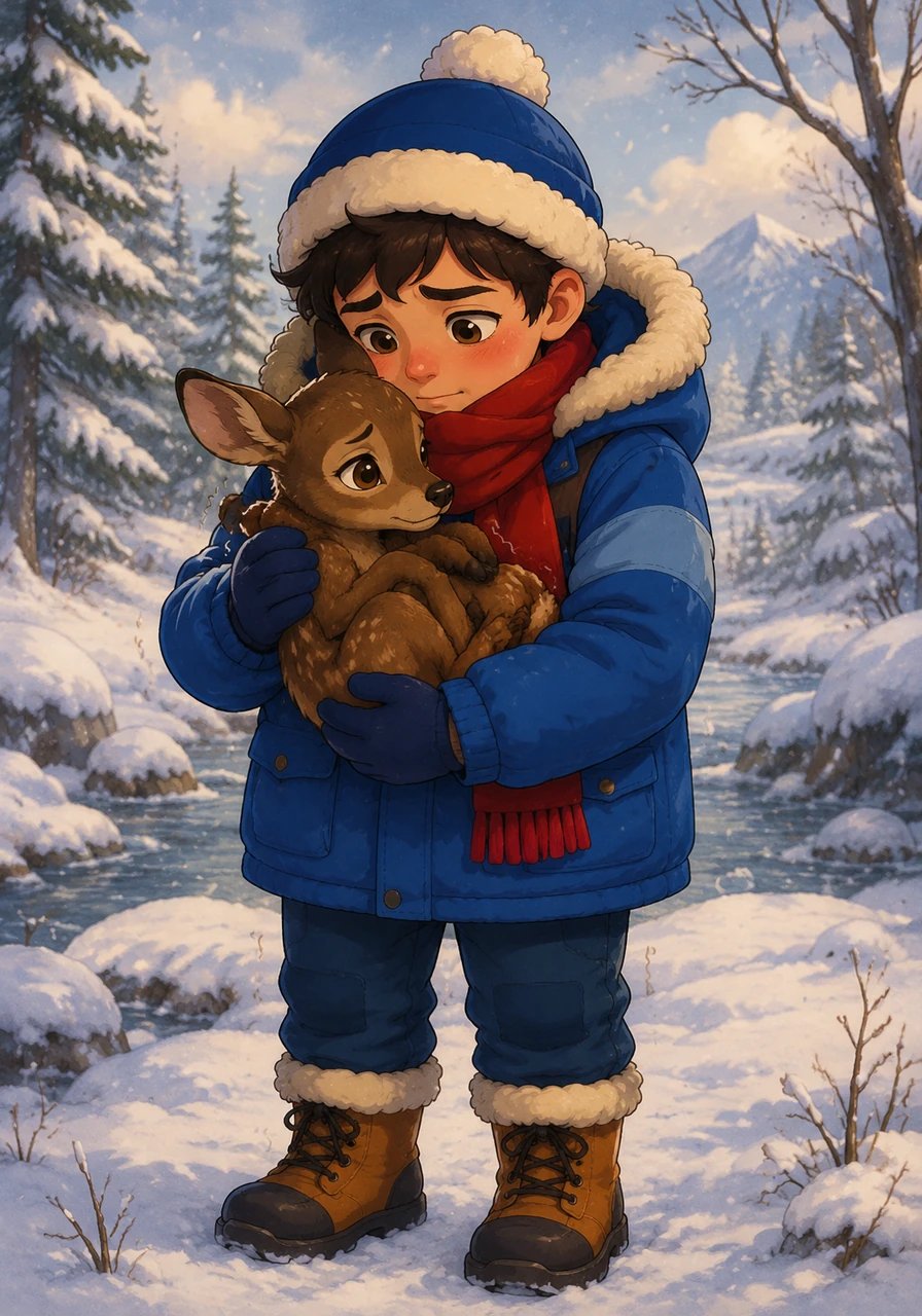 Realizing the little deer was too weak to move, Itri knew he couldn't leave her behind. He carefully scooped the fragile creature into his arms, holding her close to keep her safe from the biting chill.