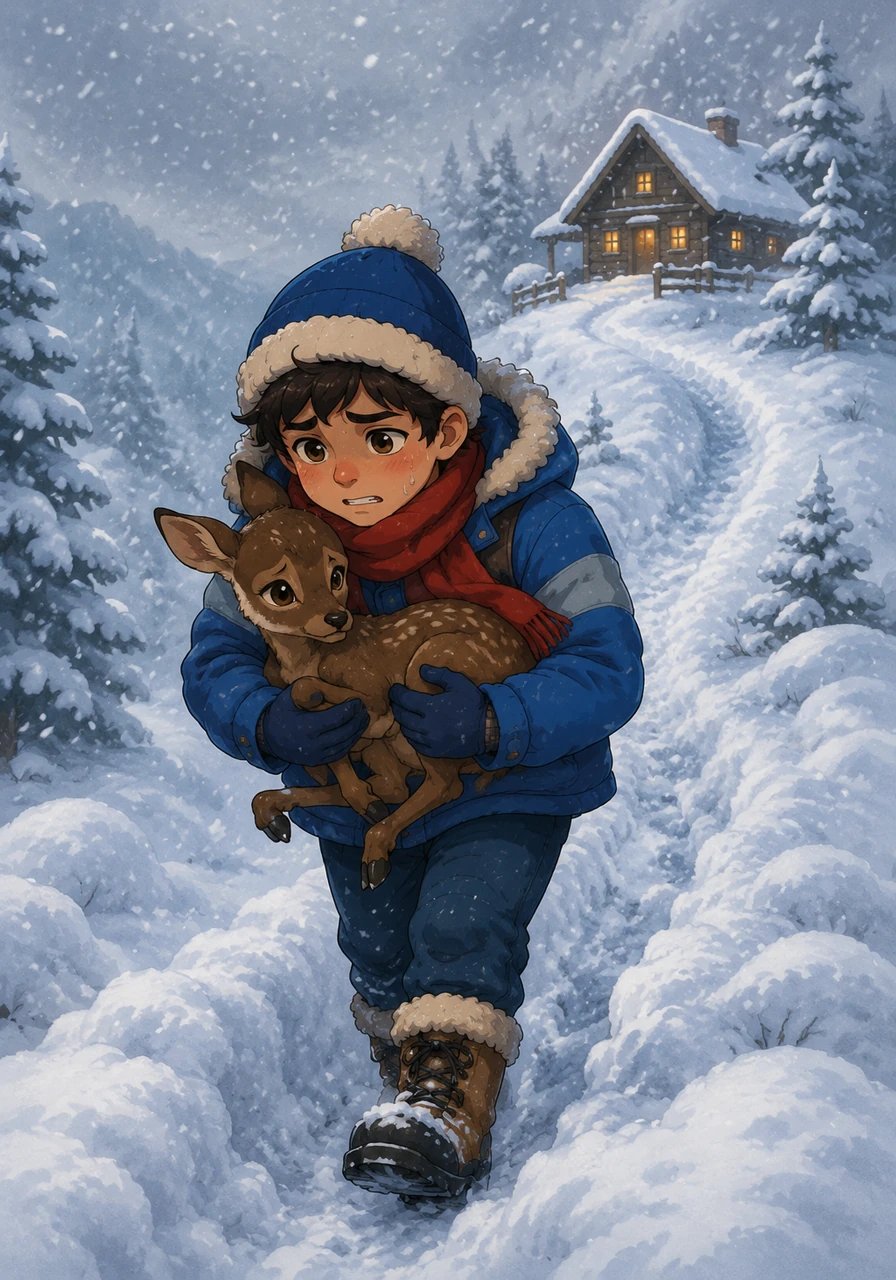 Trudging through the deep, heavy snowdrifts, Itri carried the heavy burden all the way home. His arms ached, but the thought of saving the wild animal kept him moving forward.