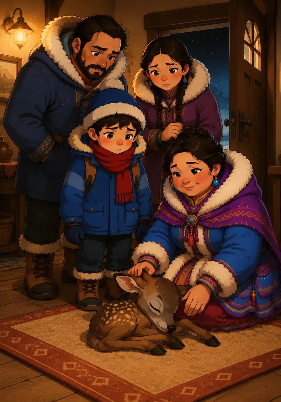 As Itri rushed through the front door, his worried family gathered around to look at the motionless visitor. His mother smiled gently and reassured him, explaining that the deer just needed food, water, and warmth.