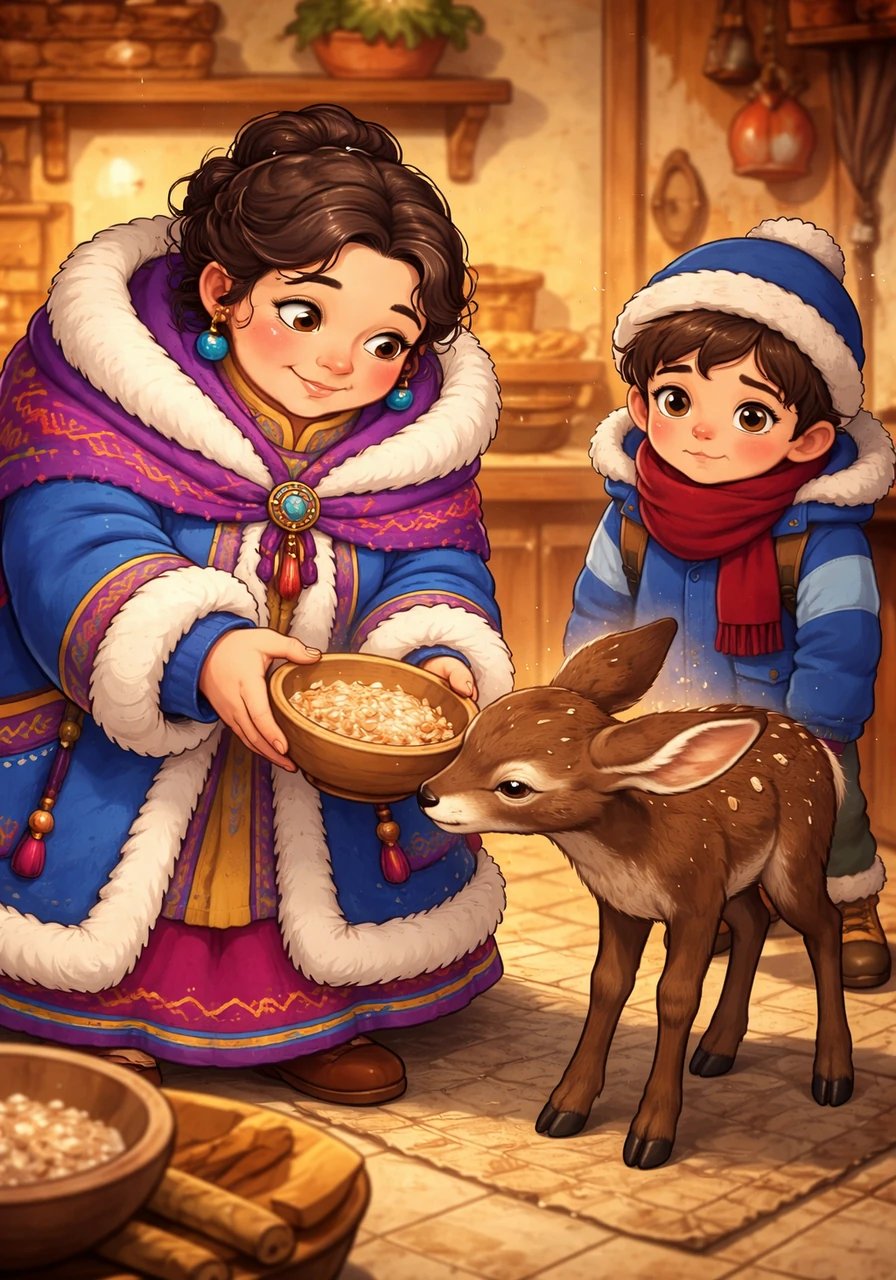 In the cozy kitchen, Itri's mother mixed together a nourishing blend of bran, salt, and water. They gently offered the warm mixture to the deer, who eagerly drank every drop as her strength began to return.
