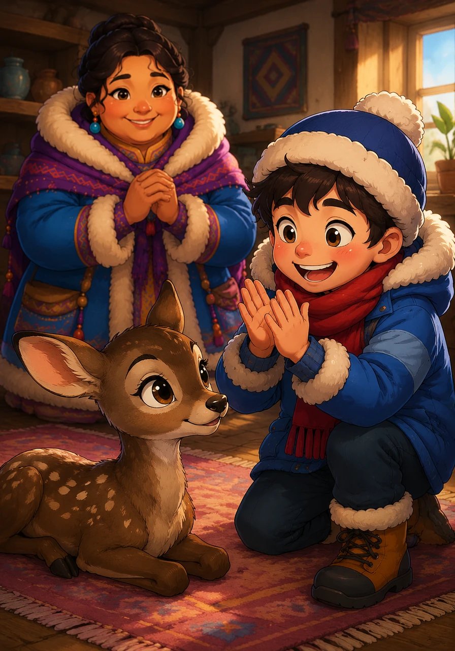 A moment later, the little deer fluttered her long eyelashes and opened her bright, dark eyes. Itri clapped his hands with joy, shouting to his family that their new friend was finally feeling better.