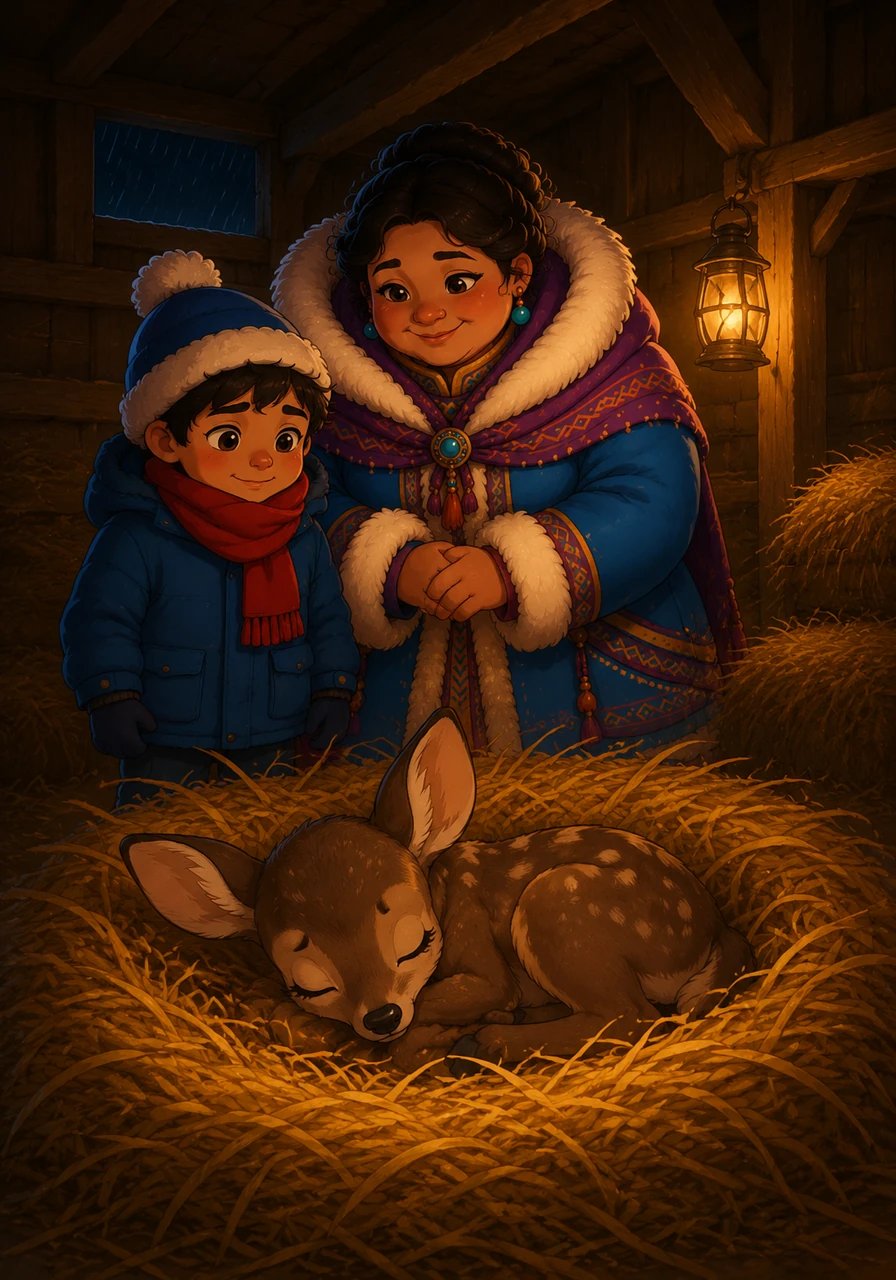 The family named the deer Massaouda and tucked her into a nest of fresh straw inside their warm, safe stable. Massaouda drifted off into a peaceful sleep, completely safe from the mountain storm outside.