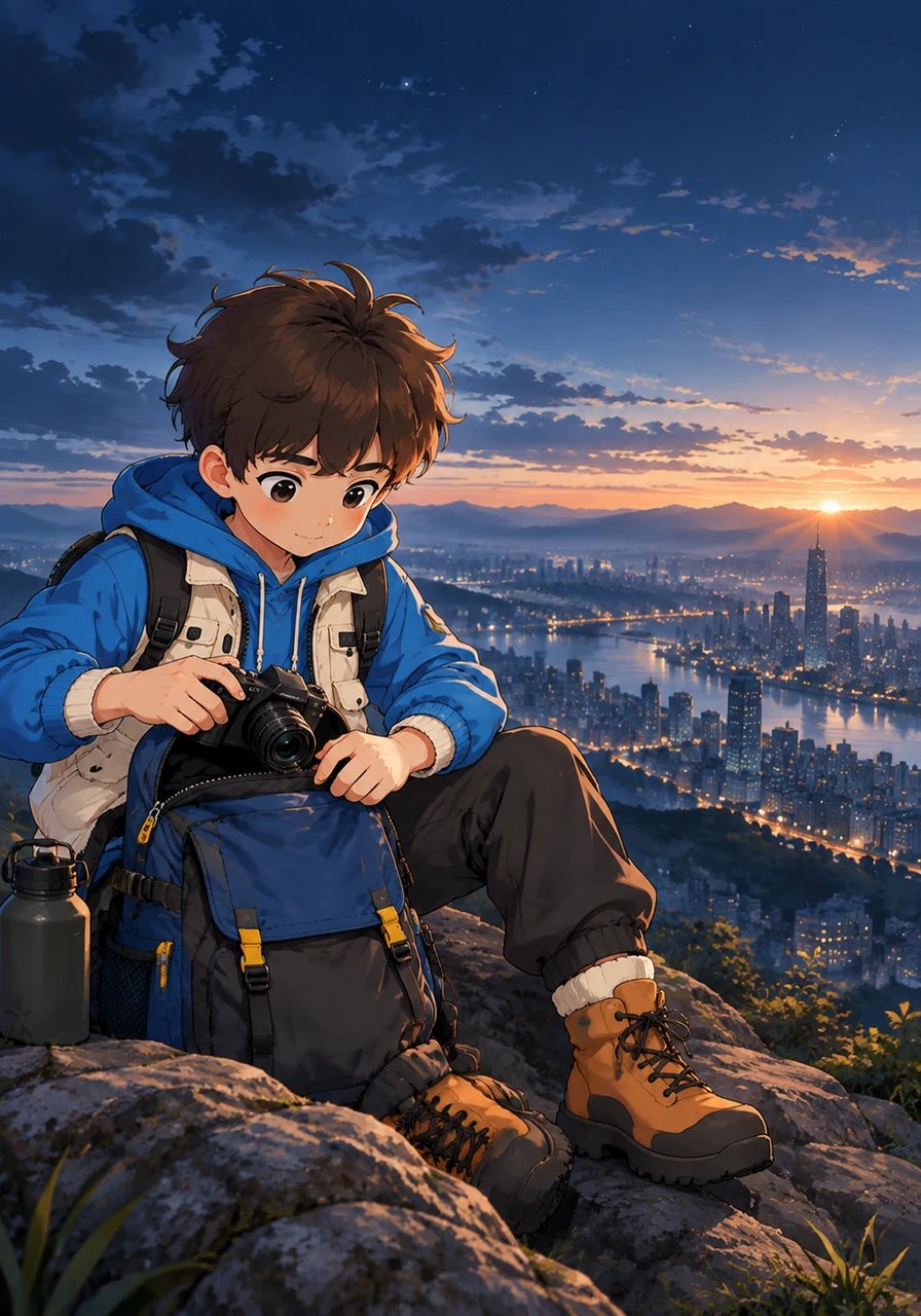 Ein schwacher, stahlblauer und blassorangefarbener Schimmer erscheint am östlichen Horizont und kündigt das Ende der Nacht an. Die tiefste Dunkelheit weicht langsam, und ich beginne, meine kleine Kamera in den Rucksack zu packen, während die Stadt unten langsam erwacht.