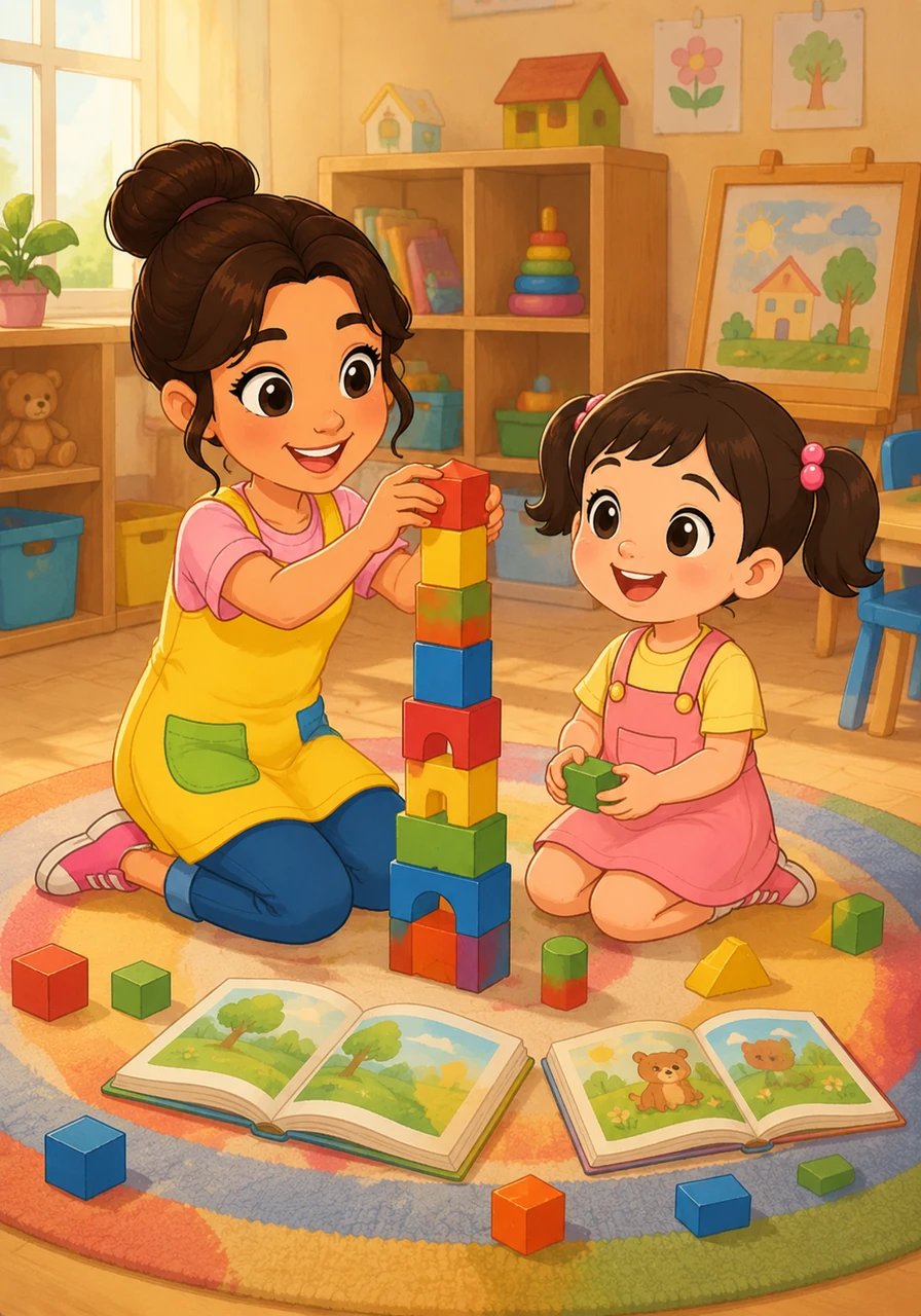 Mia loves spending time at Moving Mountains Village with her special kindergarten friend every single day. Together, they build giant toy towers, share colorful storybooks, and enjoy fun routines. Kindergarten is a warm place where playing and learning feel safe and predictable.