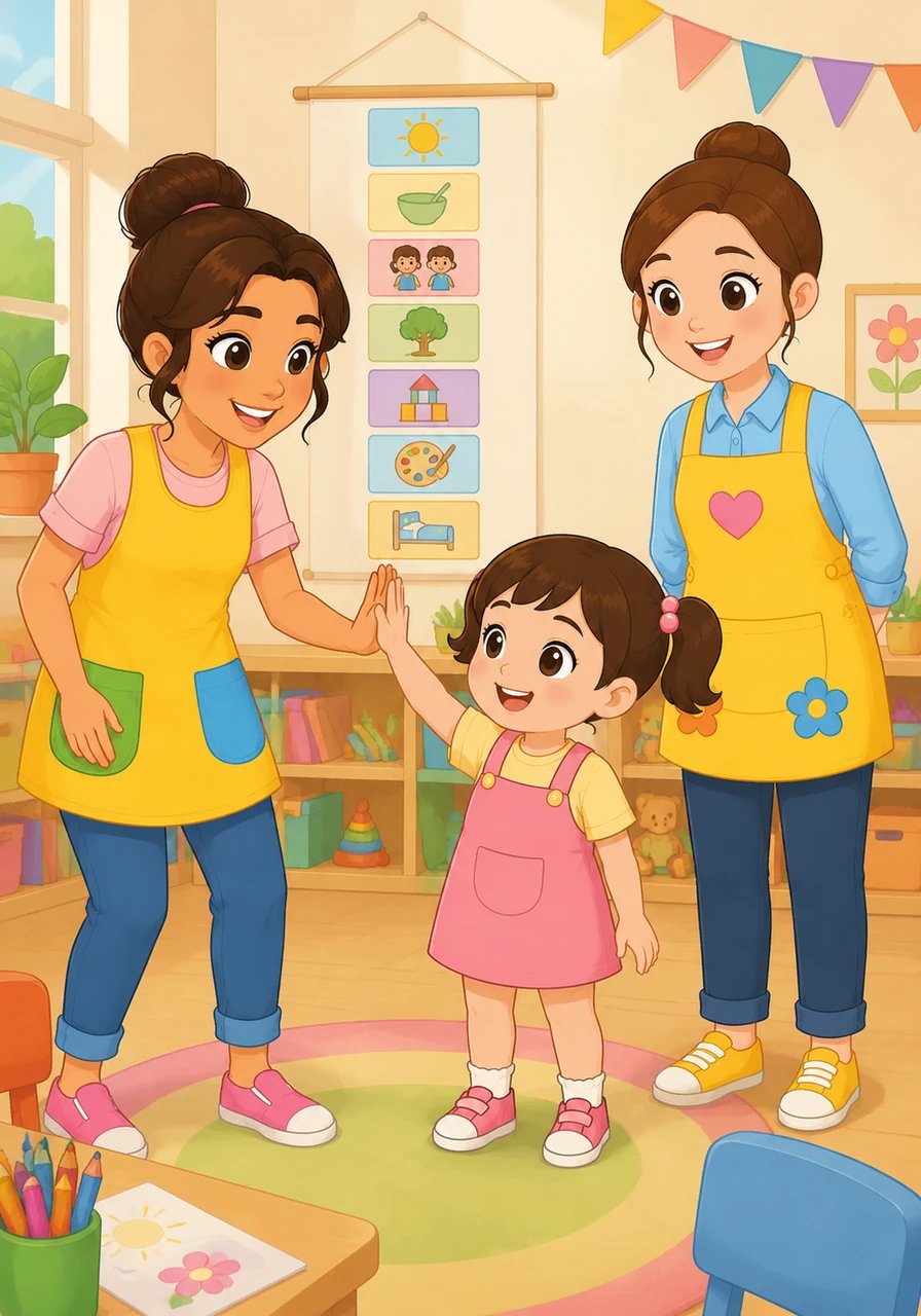 Mia’s special job is to help her friend learn new things, practice deep calm breaths, and give cheerful high-fives. They follow a visual daily schedule that makes every morning clear and comfortable. Mia always has a warm smile and a helping hand ready.