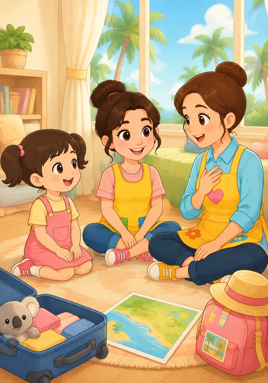 One cozy afternoon, Mia sits down to talk about an exciting new change. Mia is getting ready to pack her bags and move far away to sunny Queensland, where tall palm trees grow. Change is a normal part of life, and talking about it helps us feel ready.