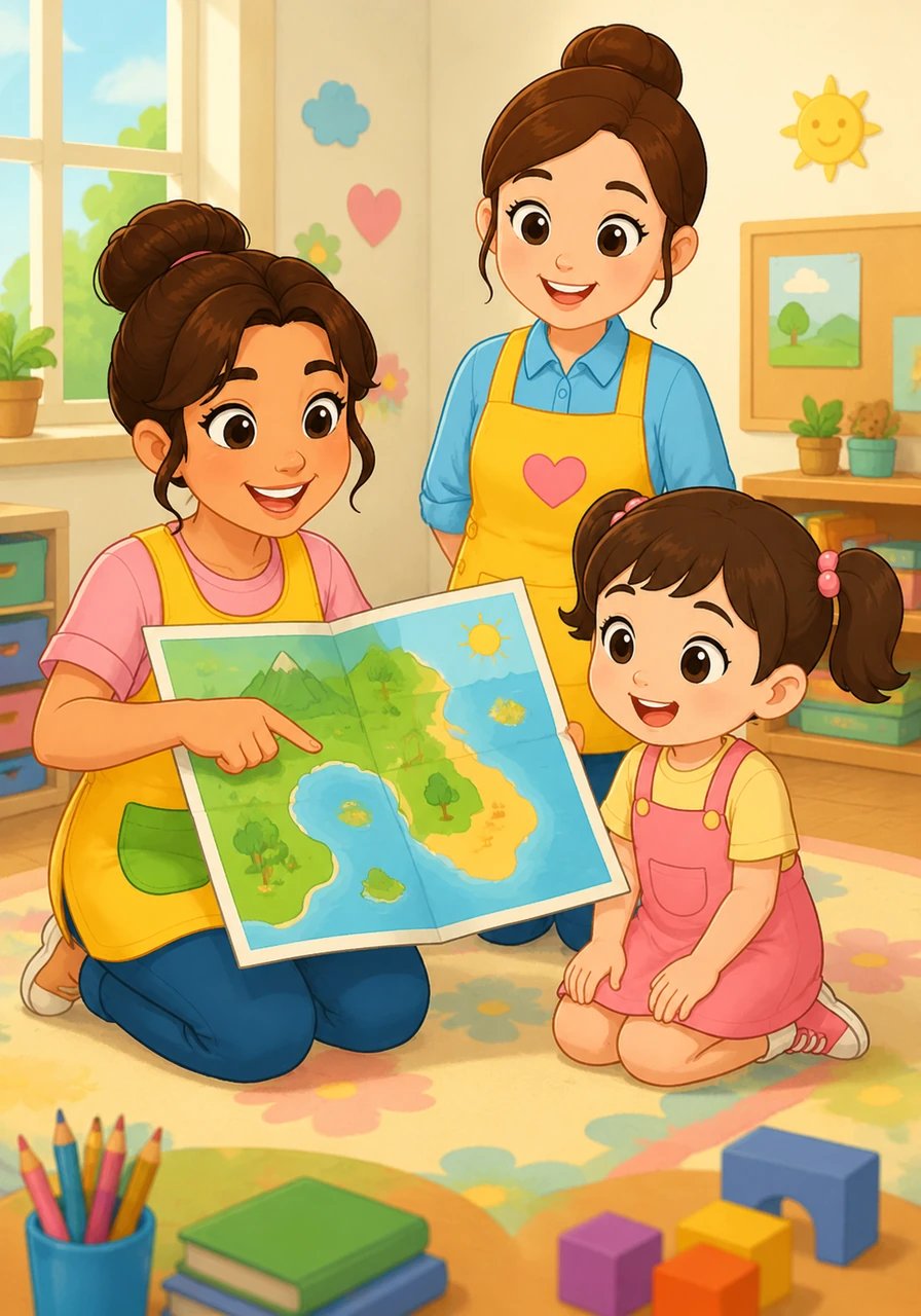Mia shows a big colorful map to explain where Queensland is on the coast. Even though Mia will be living in a different sunny city, all the happy memories made at kindergarten stay tucked safely inside their hearts forever.