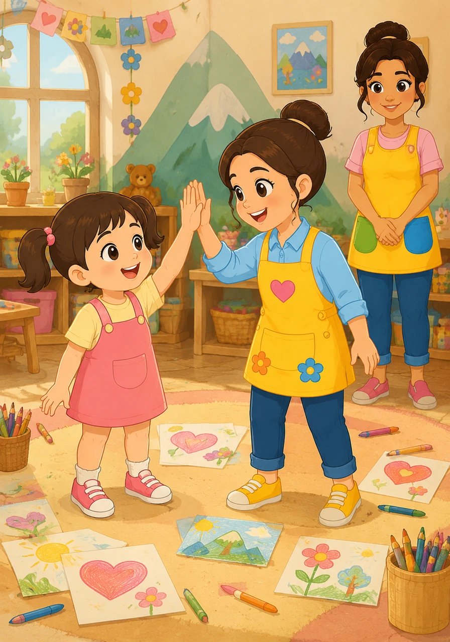 On Mia’s last day at Moving Mountains Village, they share a special goodbye tradition. They make happy colorful drawings together and exchange big gentle high-fives to celebrate all their fun times.