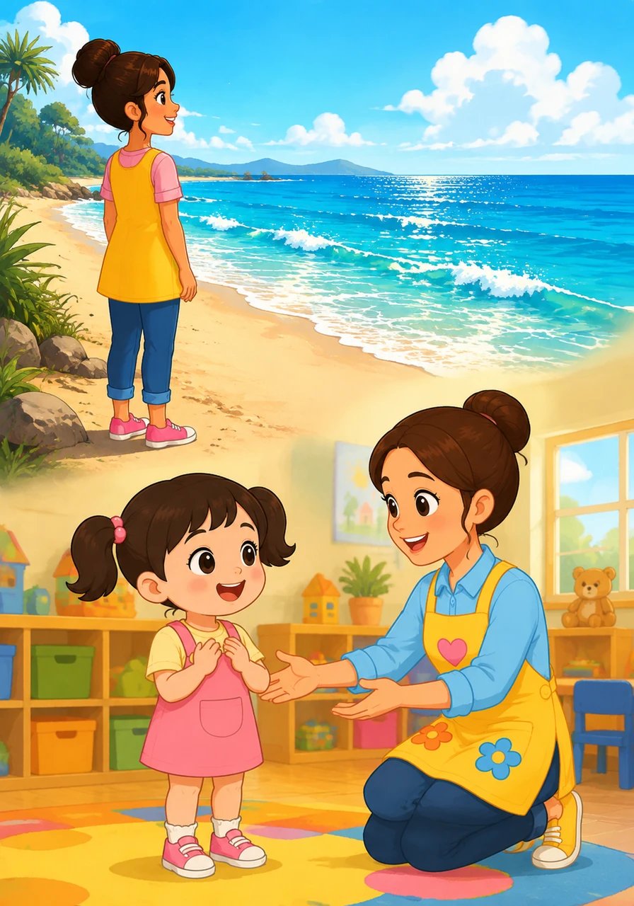 Mia arrives safely in bright, sunny Queensland and looks at the blue ocean waves. Back at kindergarten, her friend takes a deep breath and welcomes the new helper with a kind smile.