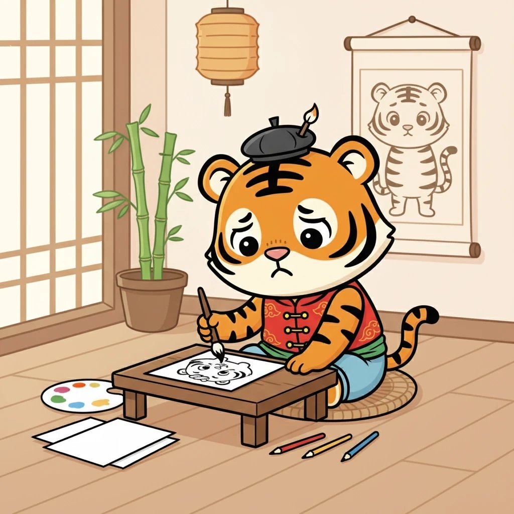 小虎聚精会神地盯着画纸,努力地模仿老虎妈妈的笔触。可是,他画出的老虎,怎么看都像一只圆滚滚的猫咪。小虎沮丧地叹了口气,心想:难道我真的画不好老虎吗?
