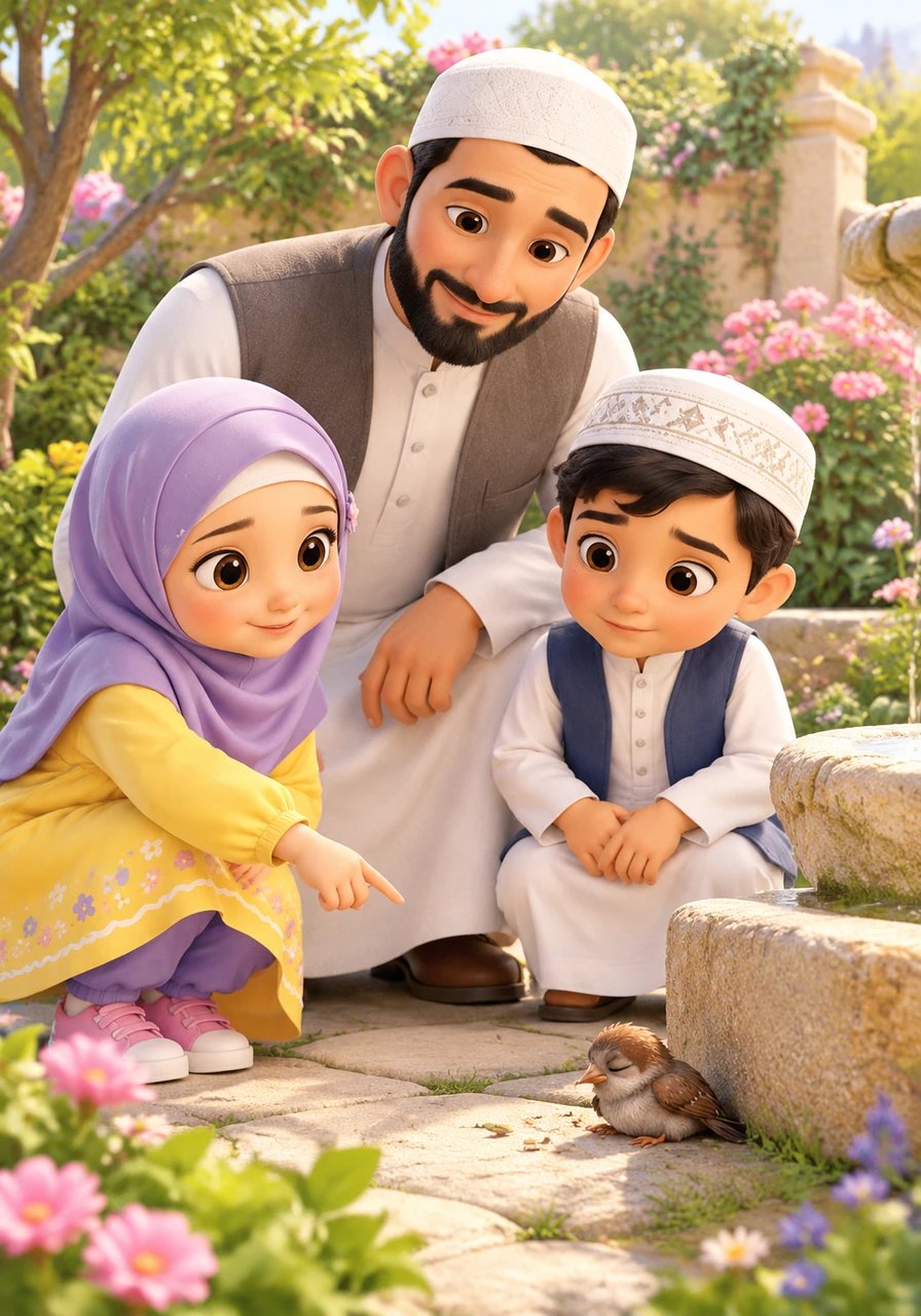 On a bright, sunny morning, six-year-old Bilal and his twin sister Husna were playing in their lush green garden with their father, Abdullah. Suddenly, Husna pointed softly toward a quiet corner where a tiny, tired little bird sat near a dry fountain, resting under the hot sun. "Look, Baba!" whispered Bilal. "The little bird looks so thirsty and weak." Abdullah smiled gently at his observant children, reminding them that kindness begins the moment we notice when someone needs help.

Mini-Lesson: Kindness starts by opening our eyes and noticing when others need help.
Qur'an Reference: "And Allah is Ever Kind to His servants." (Surah Al-Baqarah, 2:207)