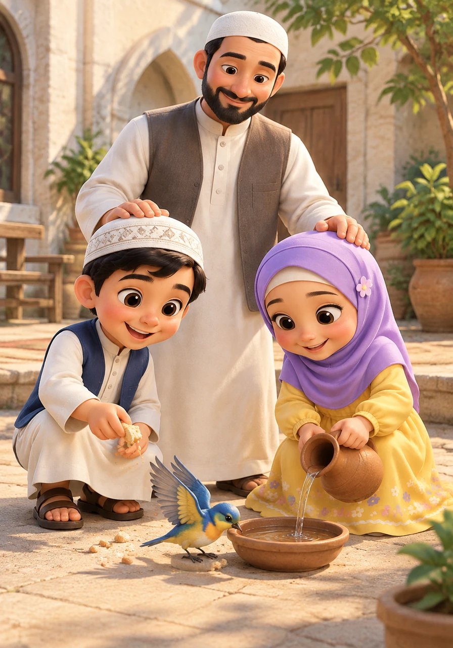 Husna quickly fetched a small clay bowl and poured cool, fresh water into it, while Bilal gently placed a few soft breadcrumbs nearby. The little bird fluttered its colorful wings, drank happily from the bowl, and sang a sweet chirp of gratitude. Abdullah patted their heads lovingly and said, "When we share what Allah has given us, our hearts fill with joy." Bilal and Husna beamed with pride, realizing how wonderful it feels to share.

Mini-Lesson: Sharing what Allah has blessed us with is a beautiful act of kindness and gratitude.
Qur'an Reference: "And whatever good you do—indeed, Allah is Knowing of it." (Surah Al-Baqarah, 2:215)
