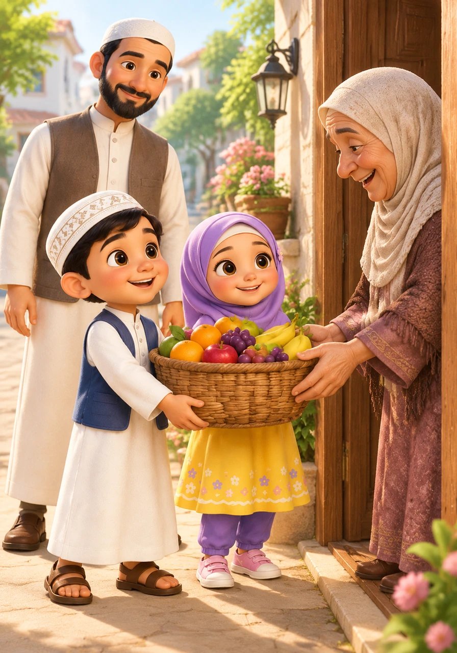 While taking a peaceful afternoon walk down their neighborhood street, the family noticed an elderly neighbor carrying a heavy basket of fresh fruit. With a gentle nod of encouragement from Abdullah, Bilal and Husna ran over with big smiles and helped carry the heavy basket together all the way to the neighbor's door. The kind elder smiled warmly and prayed for Allah to bless the sweet young helpers.

Mini-Lesson: Helping others with a joyful heart makes our community strong and happy.
Qur'an Reference: "Help one another in goodness and righteousness." (Surah Al-Ma'idah, 5:2)