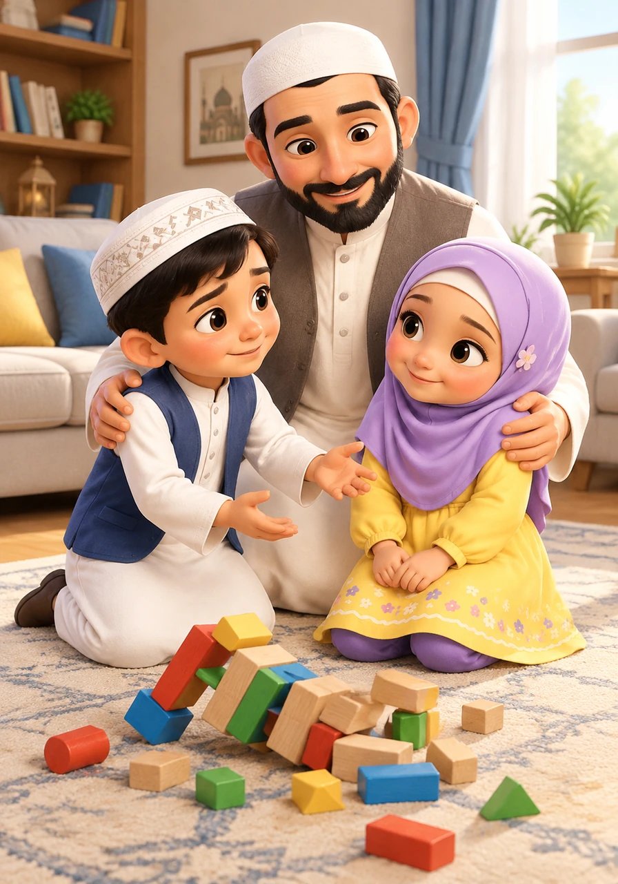 Back home in the cozy living room, Bilal accidentally tripped over the carpet and knocked down Husna's tall wooden toy tower. "I am so sorry, Husna, it was an accident!" Bilal said right away with gentle, sincere eyes. Husna swallowed her sadness, smiled, and said softly, "That is okay, Bilal. I forgive you! Let's build an even bigger tower together." Abdullah hugged them both, proud of their polite words and forgiving hearts.

Mini-Lesson: Gentle words, saying sorry, and forgiving others bring peace and love into our home.
Qur'an Reference: "And speak to people good words." (Surah Al-Baqarah, 2:83)