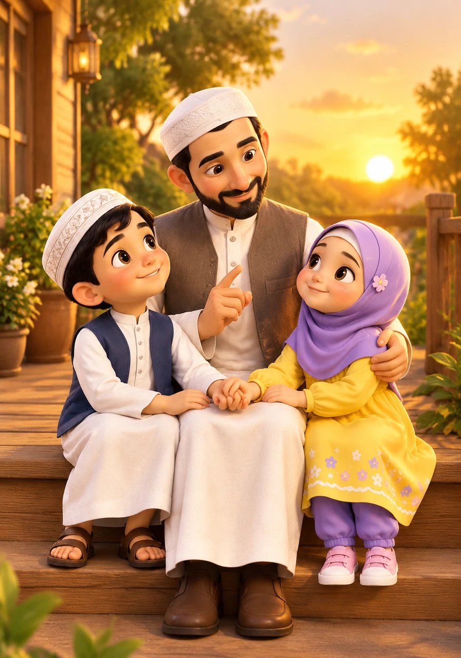 As the golden evening sun set behind the trees, Abdullah gathered Bilal and Husna close on the porch under the warm sky. He reminded them that practicing kindness should not just be for today, but a peaceful habit for every single day of their lives. Hand in hand, Bilal and Husna happily promised to always help, share, forgive, and speak kind words wherever they go.

Mini-Lesson: Make kindness a daily habit, and spread warmth and light everywhere you go.
Qur'an Reference: "Is the reward for goodness anything but goodness?" (Surah Ar-Rahman, 55:60)