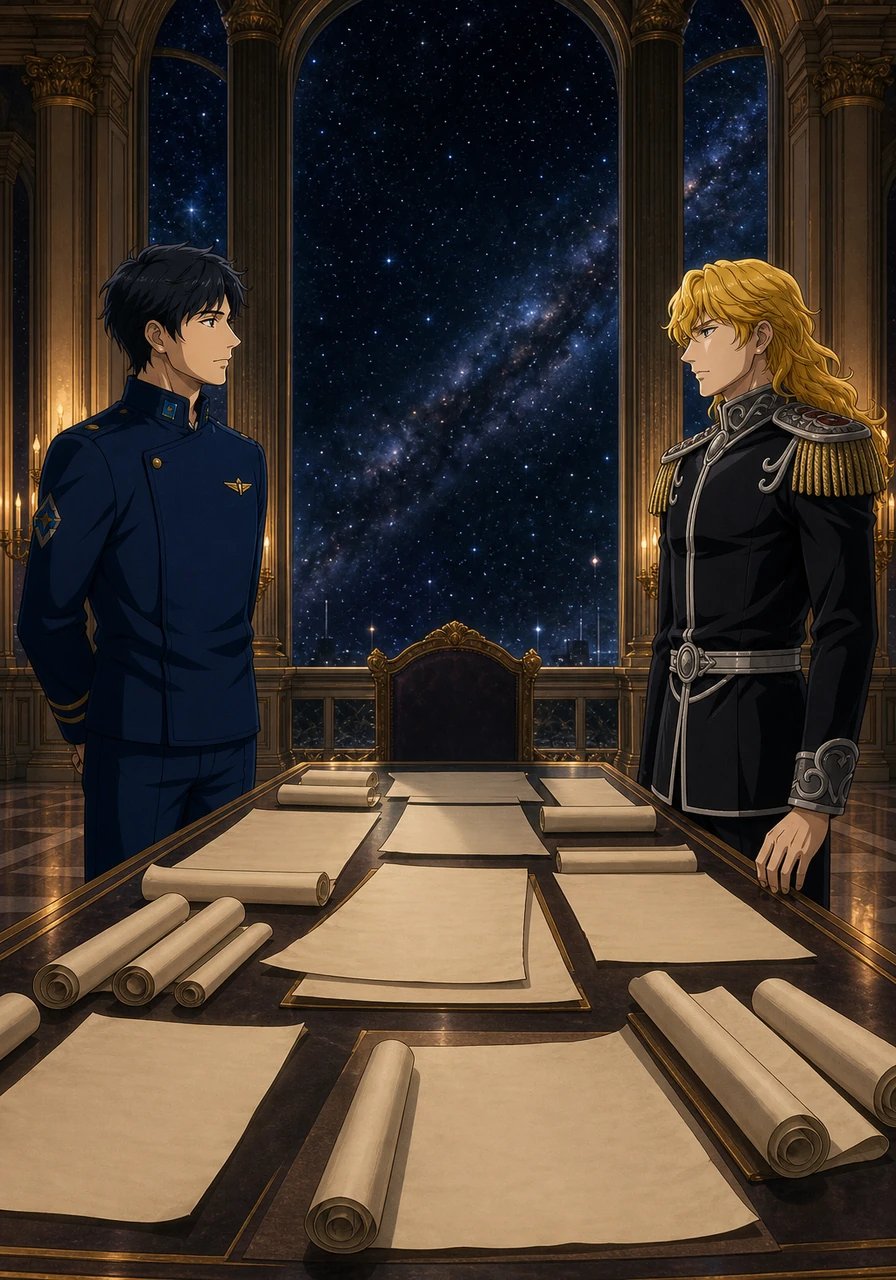 To bring an end to decades of tragic galactic war, Admiral Yang Wen-li agrees to an unprecedented political marriage with Kaiser Reinhard von Lohengramm. Standing in the grand starlit hall of Neue Sanssouci, the two legendary commanders exchange cautious glances across a table covered in peace treaties. Though a quiet resentment lingers between the former adversaries, both know this union is the only path toward stopping further bloodshed across the stars.