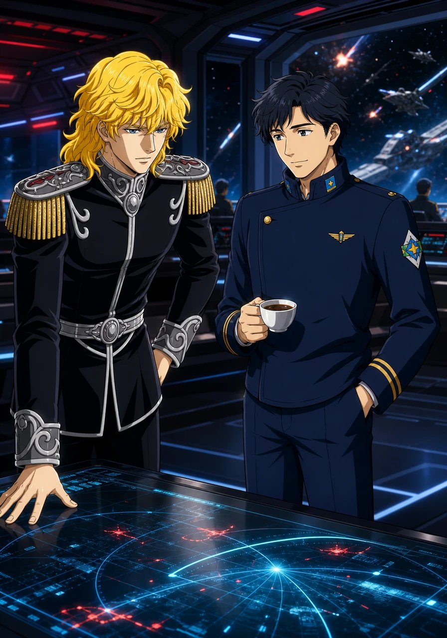 In the early days of their marriage aboard the imperial flagship, quiet tension fills every shared space. Reinhard remains stiff and formal, buried under imperial duties, while Yang reclines serenely with his favorite black tea, observing his sharp young spouse. Yet, during an unexpected technical emergency deep in space, their natural brilliant tactical instincts kick in, working together effortlessly to avert disaster and sparking their first genuine moment of mutual respect.