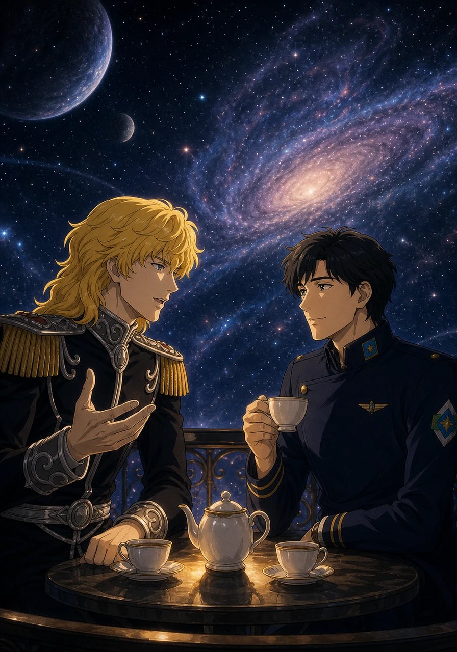 As weeks turn into months, formal dinners slowly transform into late-night discussions over warm tea and galactic history. Sitting together on a balcony overlooking the vast cosmic panorama, Reinhard confides his grand vision for a fair empire, while Yang gently counters with the quiet virtues of liberty and peace. Beneath the solemn duties of leadership, each begins to admire the profound warmth, intellect, and vulnerability hidden behind the other's formidable reputation.