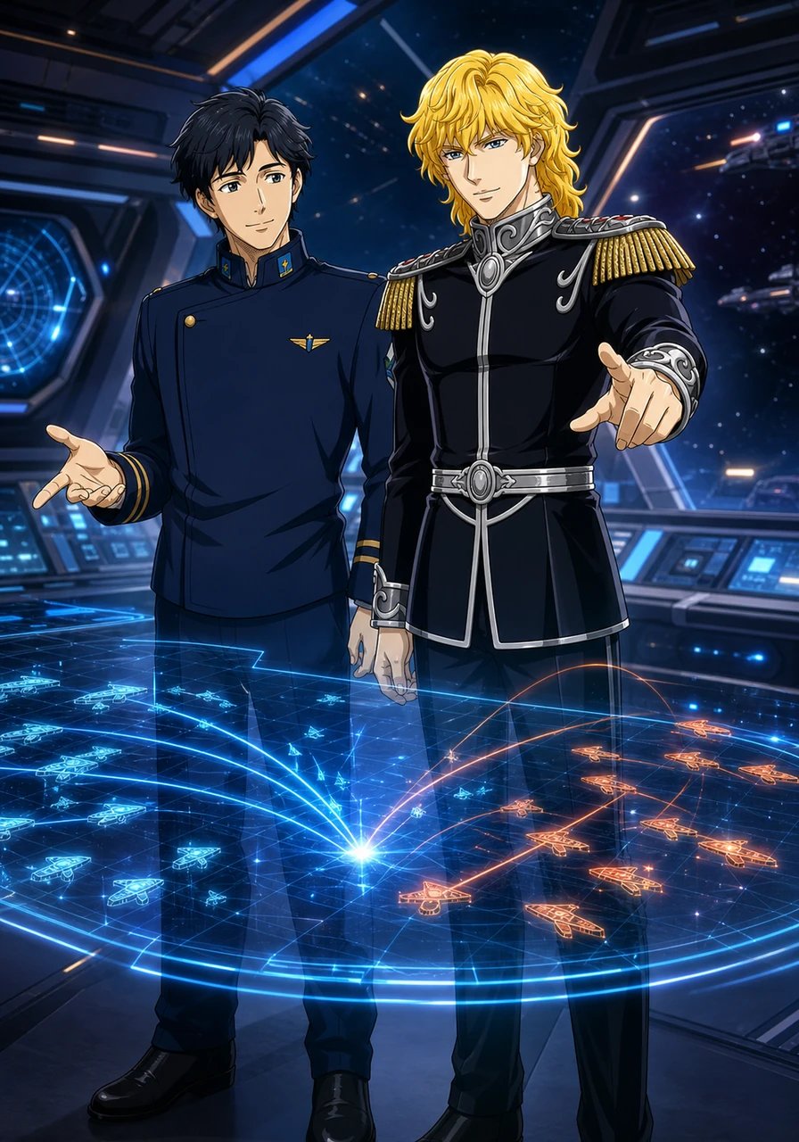 When a radical faction threatens to shatter the fragile peace treaty, Reinhard and Yang face the crisis side by side not as political pawns, but as an unbreakable team. In the heart of the command deck, Yang calmly devises a brilliant defensive strategy while Reinhard executes it with decisive, glowing radiance. Victorious against those who sought to divide them, they realize that their trust in each other has grown far deeper than duty ever demanded.