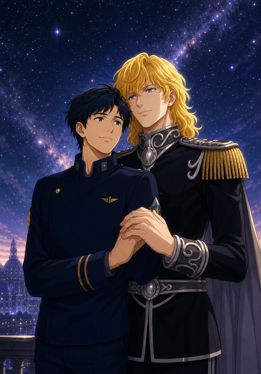 Beneath the glittering starlight of a peaceful capital sky, Reinhard and Yang stand arm in arm, no longer bound by forced political terms but united by genuine love. Smiling warmly, Yang takes Reinhard's hand as they look out over a universe finally at rest. The former enemies have forged a shared future, proving that even the fierce tides of war can yield to understanding and enduring affection.