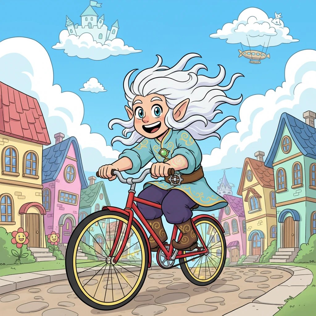 Ergku Liam auf seinem Fahrrad, der Wind zerzaust sein Haar, während er durch eine bunte Stadt radelt. Wolken in fantastischen Formen schweben über ihm, und seine Augen leuchten vor Abenteuerlust. Man sieht angedeutet die geheimnisvollen Male auf seinem Arm, die in der Sonne glitzern.