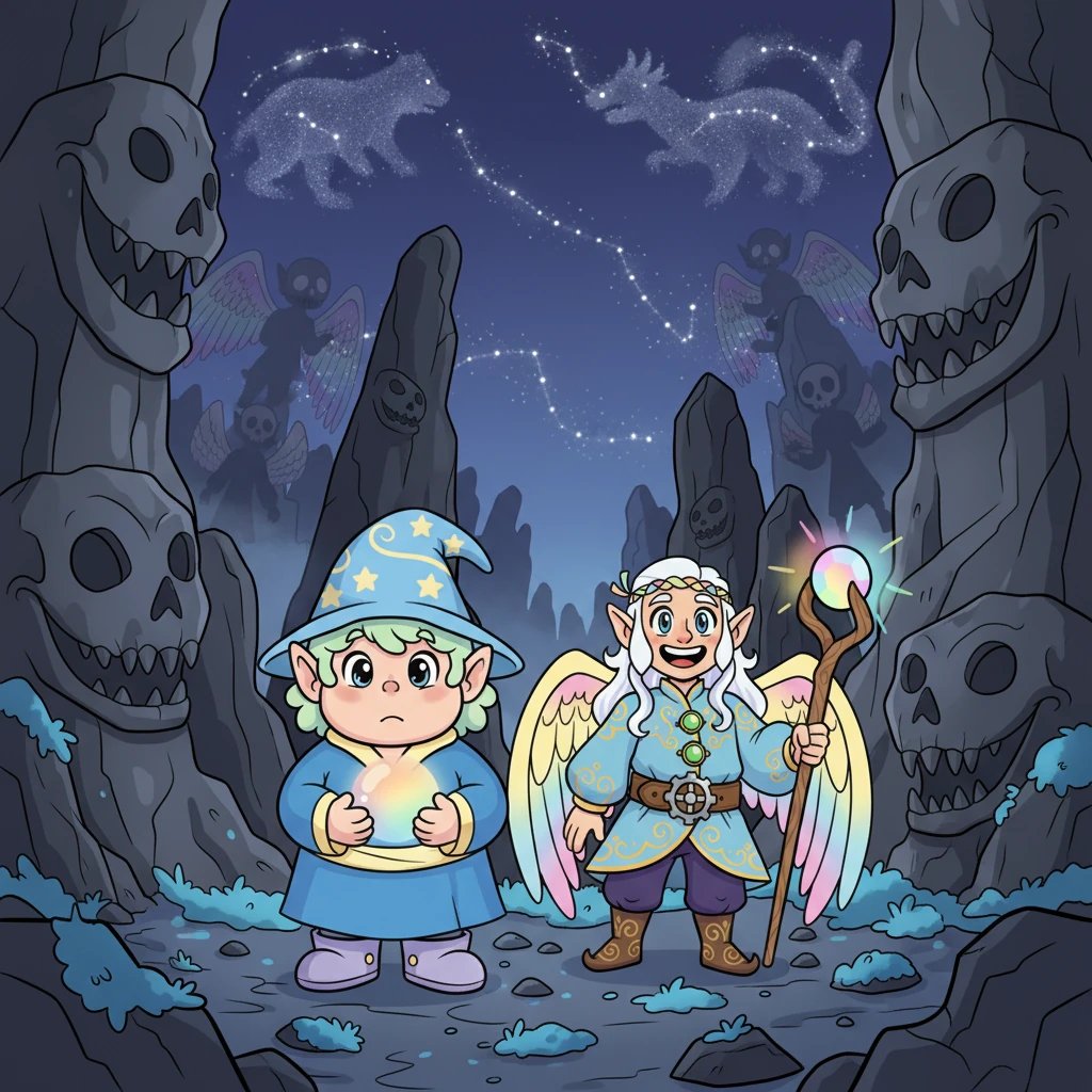 Die Geschwister stehen staunend in einem unheimlich stillen Tal, umgeben von riesigen Felsformationen, die wie grinsende Schädel aussehen. Im fernen Himmel glitzern Sternenbilder, während verschwommene Silhouetten von Elfen – einige mit Schädelköpfen, andere mit glitzernden Flügeln – in der Dämmerung lauern. Eine unheimliche, aber faszinierende Atmosphäre liegt über dem Ort.