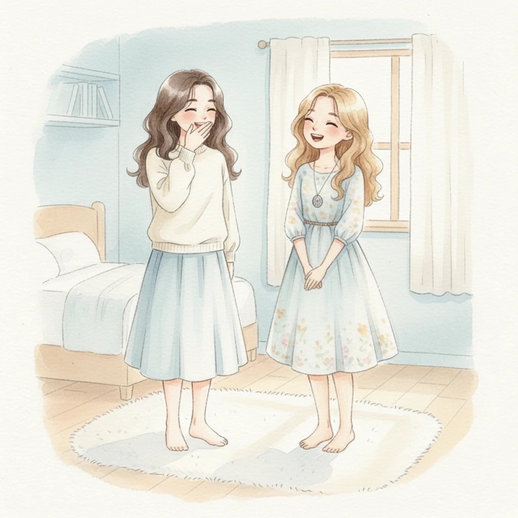 Um riso baixo escapou dos lábios de Tiffany, seguido por um sorriso de Minji, enquanto uma piada interna ou uma lembrança divertida passava por suas mentes. A leveza que o riso trouxe era como uma brisa suave, dissipando qualquer vestígio de tédio e preenchendo o quarto com alegria.