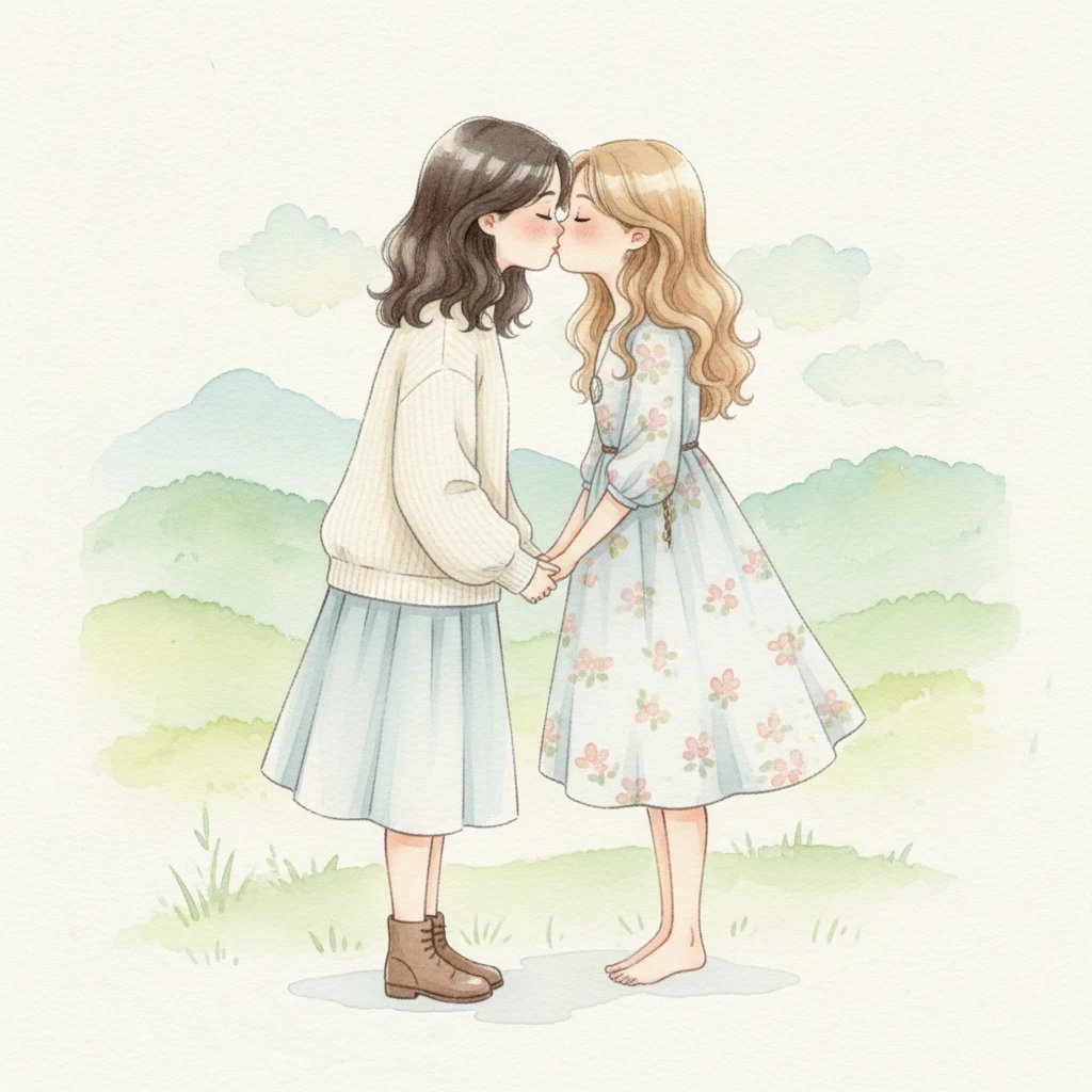 Os lábios se encontraram em um beijo suave e prolongado, um murmúrio de afeição que aprofundou a conexão entre elas. Não havia pressa, apenas a doçura de um momento compartilhado, uma promessa silenciosa de que o amor delas era um refúgio seguro.