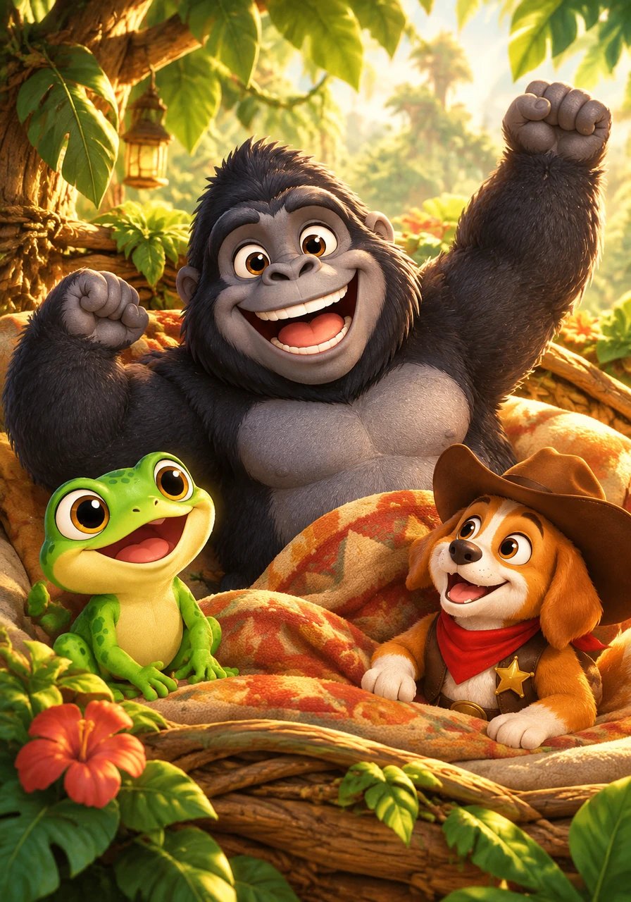 Deep in the heart of a cozy jungle, Barnaby the gorilla woke up with a gigantic smile on his face. Today was no ordinary day, for Barnaby was turning one billion years old. He decided it was time to throw the grandest birthday party the forest had ever seen.