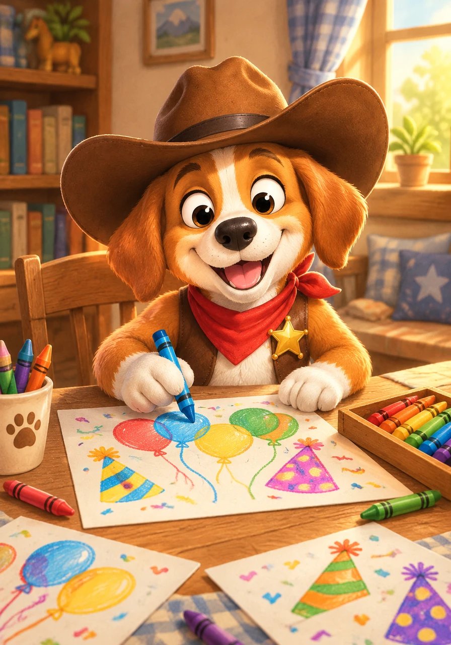 Barnaby sat down at his little wooden desk with a bundle of bright parchment paper and a set of rainbow crayons. He began writing party invitations, carefully drawing colorful balloons and party hats on each page. His heart fluttered with excitement as he imagined all his friends celebrating together.