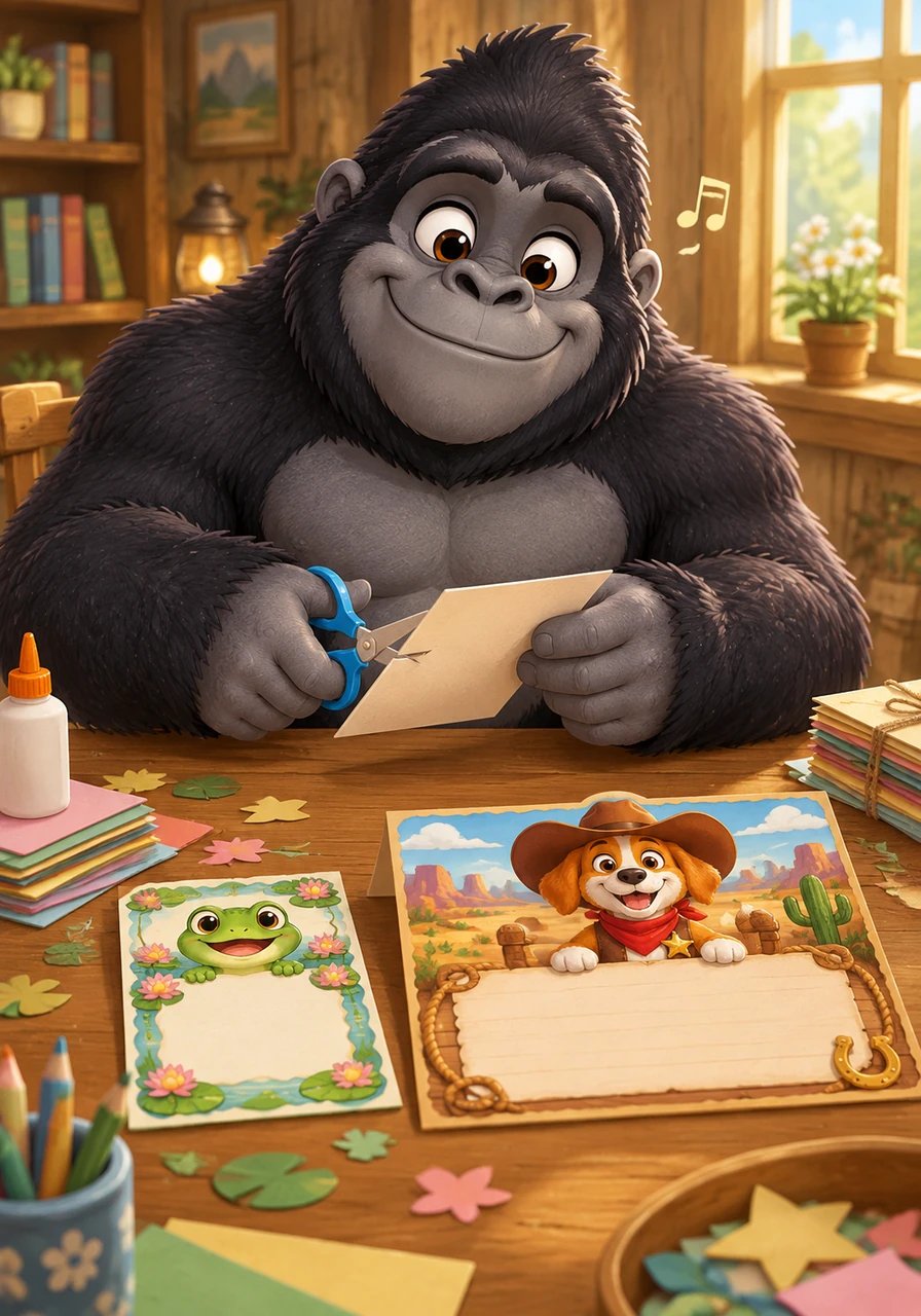 He wrote a special invitation to his tiny friend Froggy Taw, a cheerful frog who loved jumping across water lilies. Next, he made an extra-wide invitation for his pal Cowboy, an adventurous dog who always wore a shiny star badge and a big brown hat. Barnaby hummed a happy tune as he finalized the guest list.