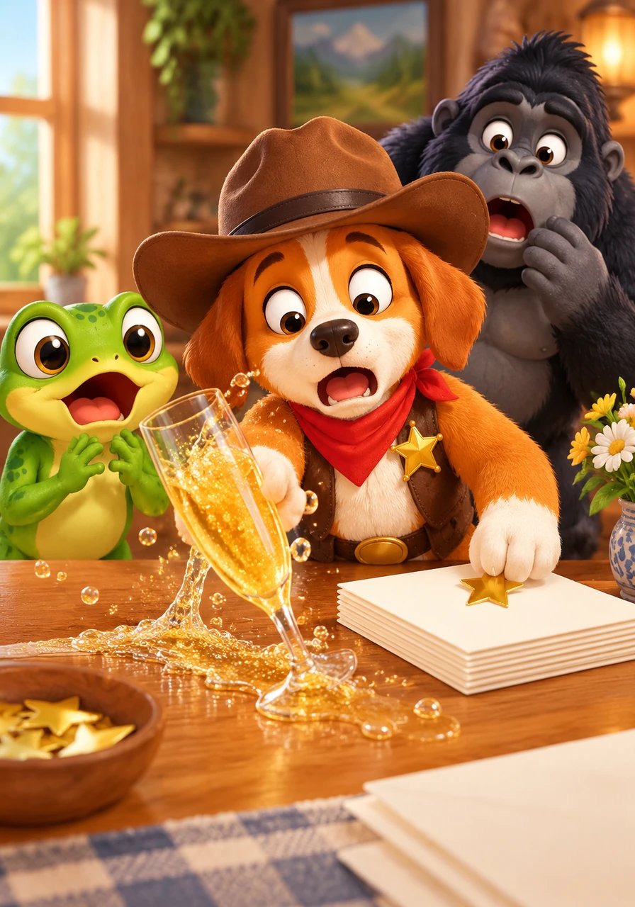 Next to his stack of completed invitations sat a tall, sparkling glass of sweet bubbly juice. As Barnaby reached out to add one last golden star sticker, his elbow accidentally bumped the glass. The shimmering fizzy juice tumbled over, spilling across the entire wooden tabletop.