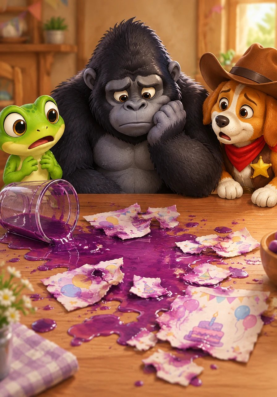 The purple juice soaked straight into the paper, turning the lovely invitations soggy and tearing them into helpless little pieces. Barnaby let out a heavy sigh as he watched his hard work wash away into a sticky mess. He worried his birthday celebration was completely ruined before it even started.