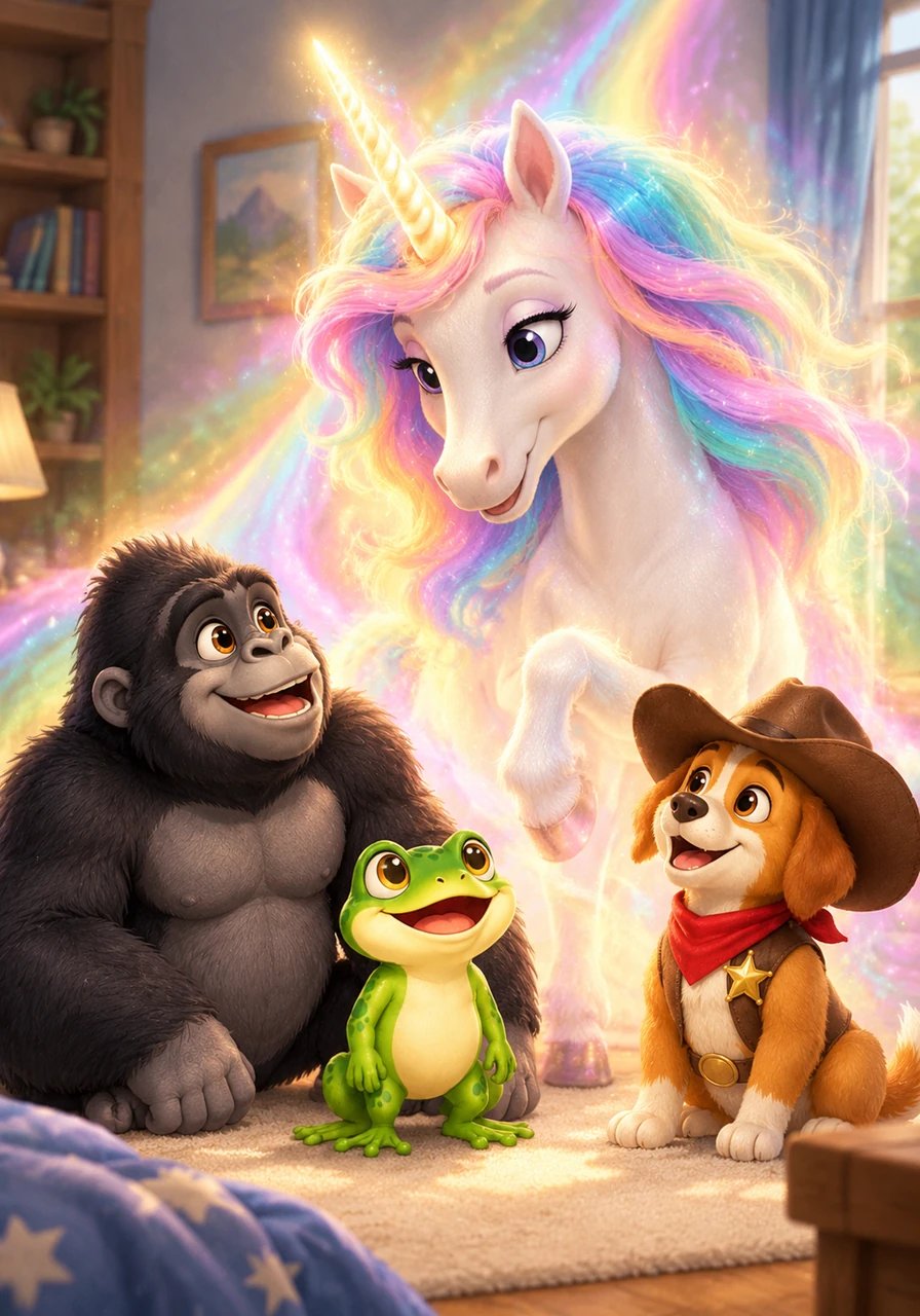 Just when Barnaby felt like giving up, a magical light filled the room with dazzling rainbow colors. Out from the soft glow stepped a magnificent unicorn with a spiral horn and a flowing mane. The friendly magical guest gave Barnaby a warm nod, ready to lend a helping hand.