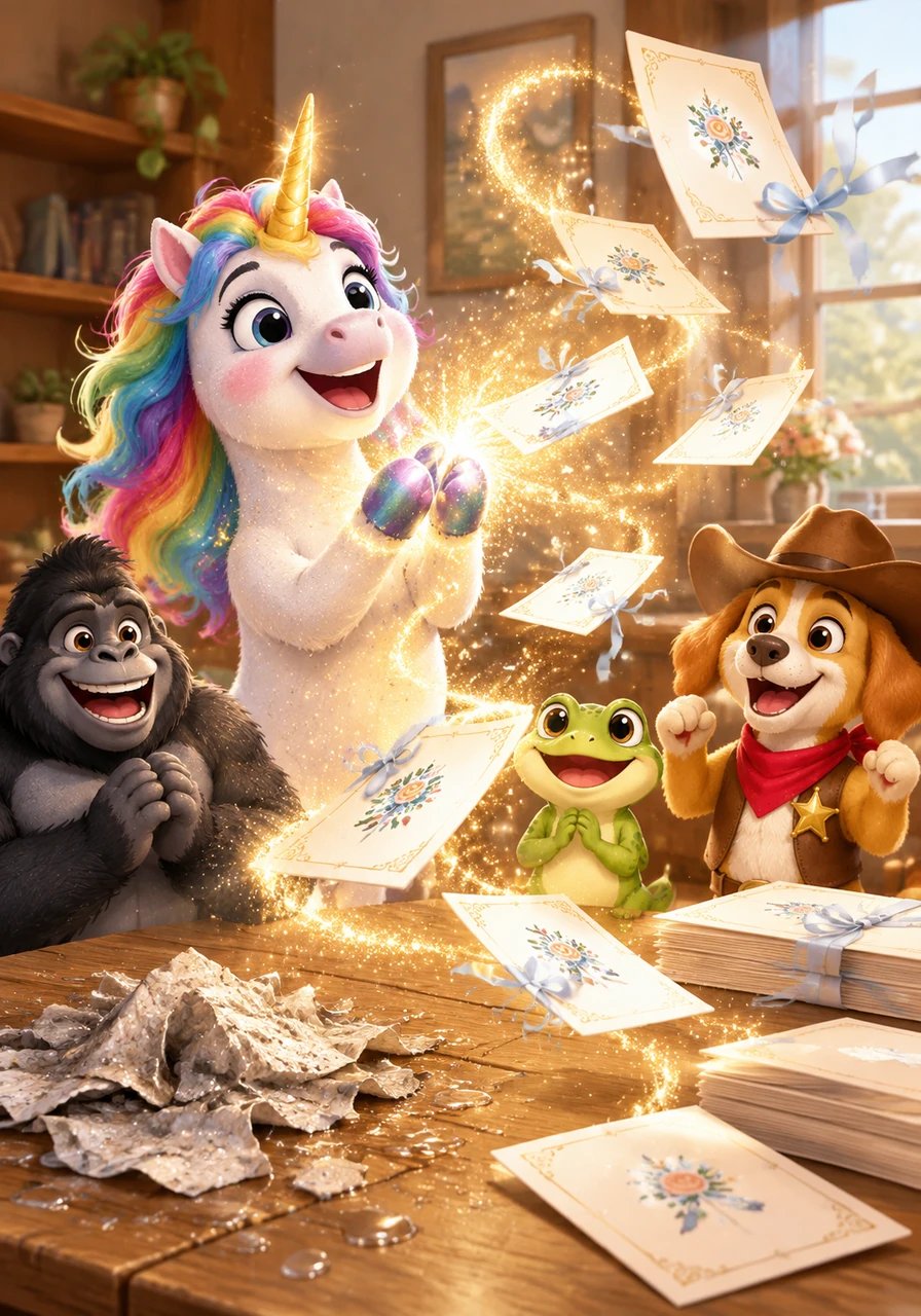 The rainbow unicorn clapped his shiny hooves together with a soft burst of golden sparks. A swirling cloud of magic dust lifted the wet scraps into the air and instantly transformed them back into crisp, perfect paper invitations. Barnaby cheered with delight as the fresh invitations floated gently back onto his desk.