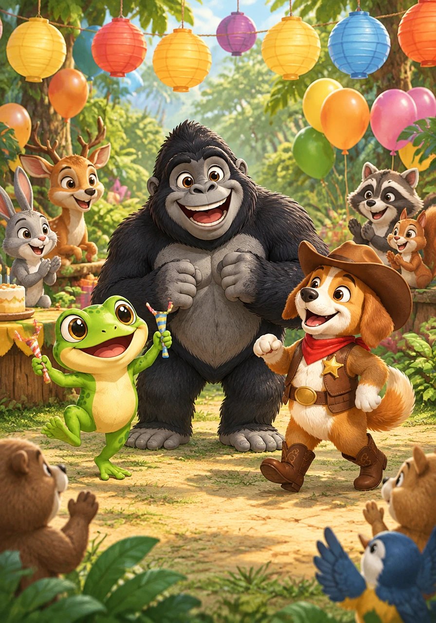 Later that afternoon, the party began under a canopy of bright paper lanterns and floating balloons in the jungle clearing. Froggy Taw hopped in with a pair of tiny party horns, while Cowboy trotted up wearing his finest boots. All the forest creatures gathered around to celebrate Barnaby's special milestone.