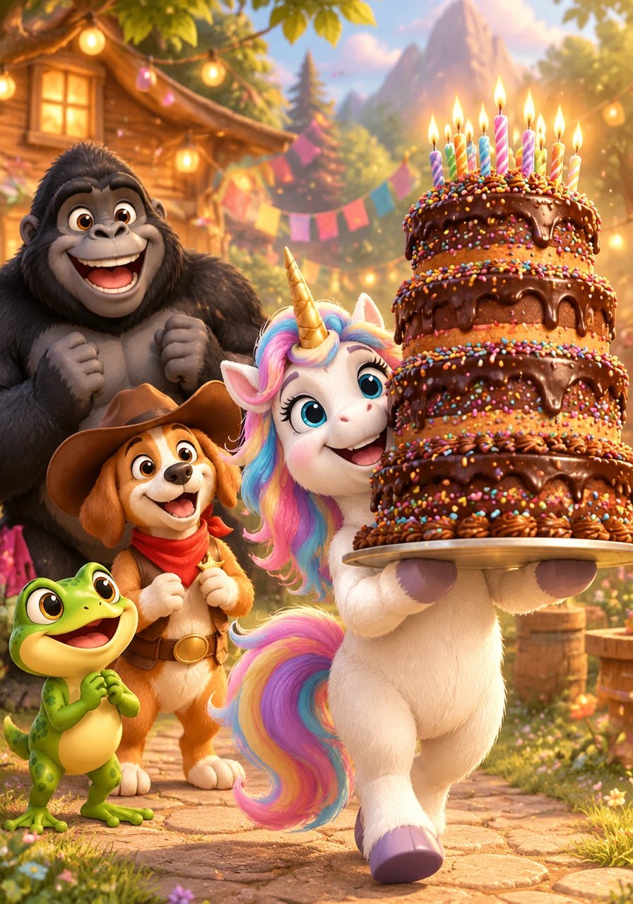 The unicorn carried out the main event: a giant, multi-layered chocolate cake covered in rich frosting and thousands of bright sprinkles. Barnaby watched in awe as the birthday candles flickered atop his glorious dessert.