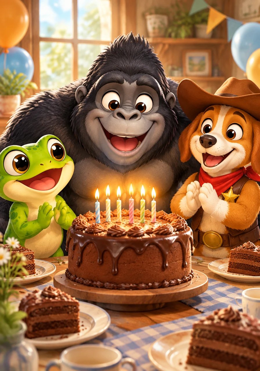 Everyone gathered close, clapping their hands and singing a heartfelt rendition of Happy Birthday to their favorite gentle giant. Barnaby made a special wish, blew out all his candles, and shared big slices of chocolate cake with every single friend. He knew that turning one billion years old was the happiest day of his life.