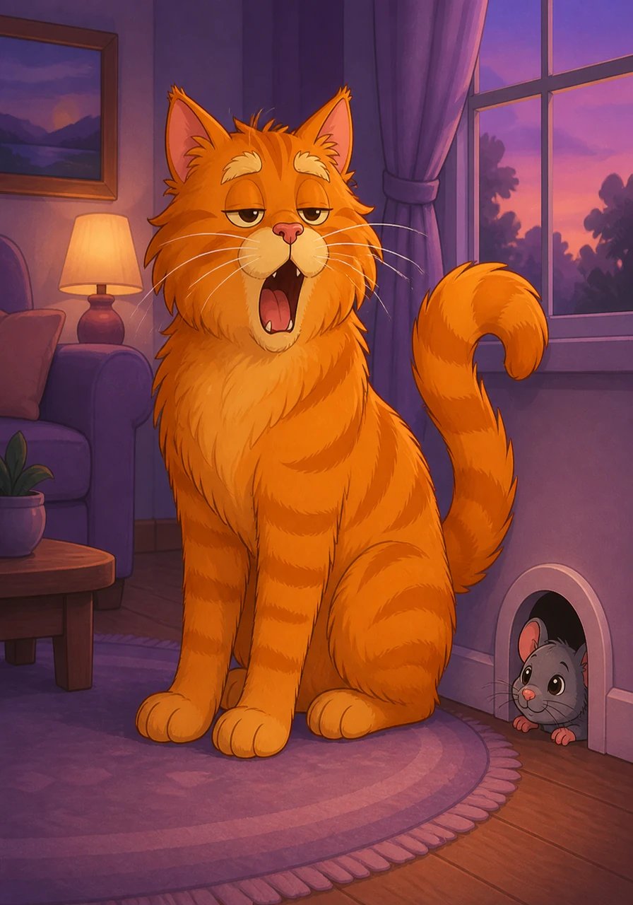 In the cozy living room, twilight paints the walls in soft purple hues. Whiskers, a large, fluffy orange tabby cat, lets out a long, slow yawn as the day ends. Near the baseboard, a tiny gray rat named Pip pops his head out of his little archway, checking if the coast is clear.