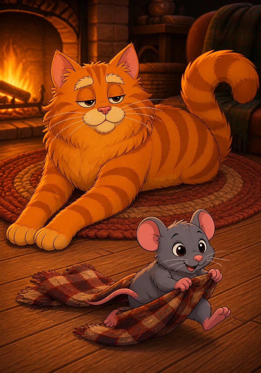 Whiskers pads over to the warm rug near the fading fireplace and stretches his long legs with a lazy satisfying groan. Pip scampers across the floor, dragging a little square of plaid flannel that he uses as his special sleeping blanket.