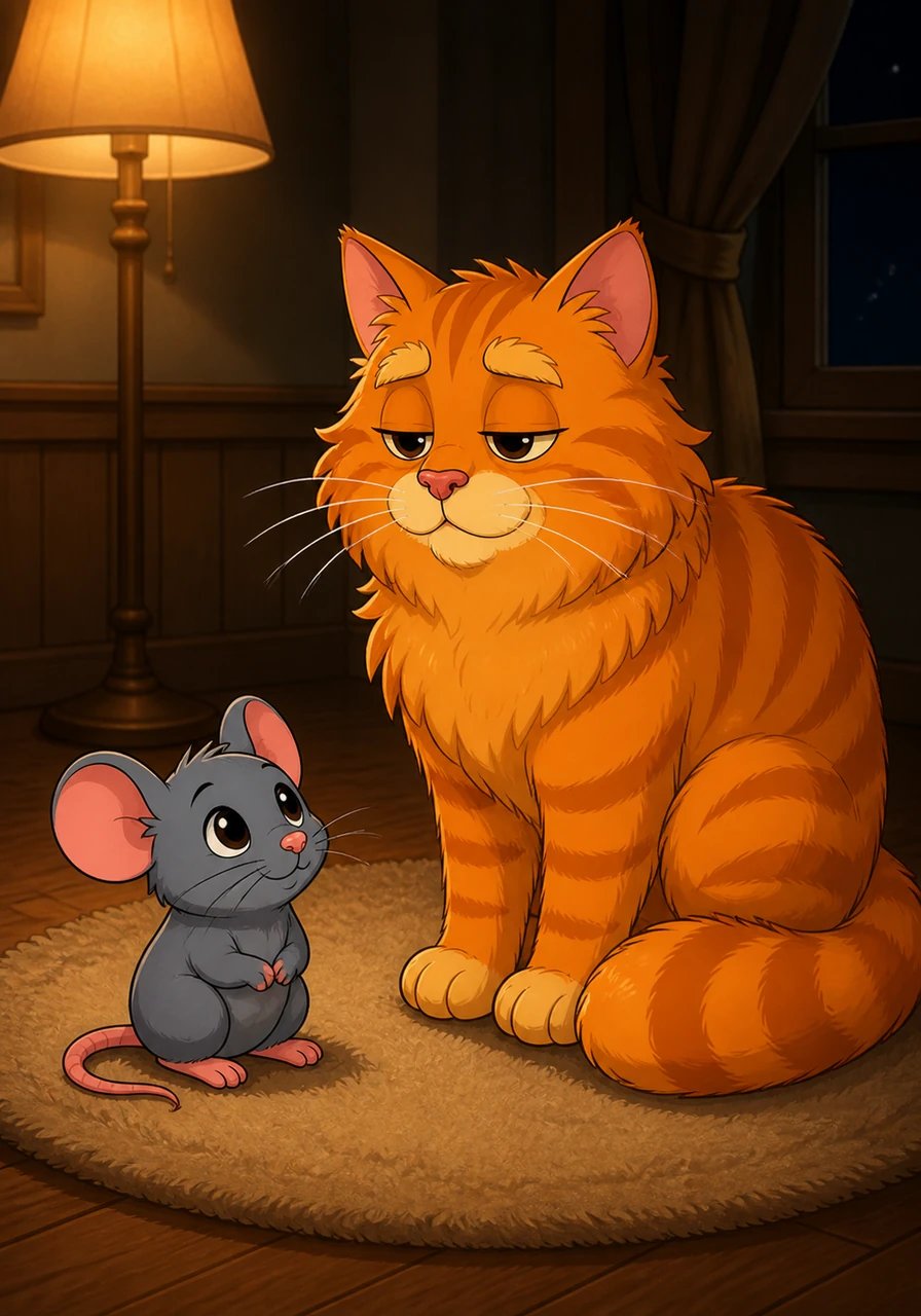 They meet in the center of the rug under the dim light of the floor lamp. Instead of chasing, Whiskers just blinks sleepily at Pip, and Pip gives a polite little squeak, acknowledging that it is far too late for games.